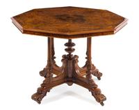 A Victorian Burlwood Center Table Height 28 1/2 x width 41 1/2 inches. — THIRD QUARTER 19TH CENTURY