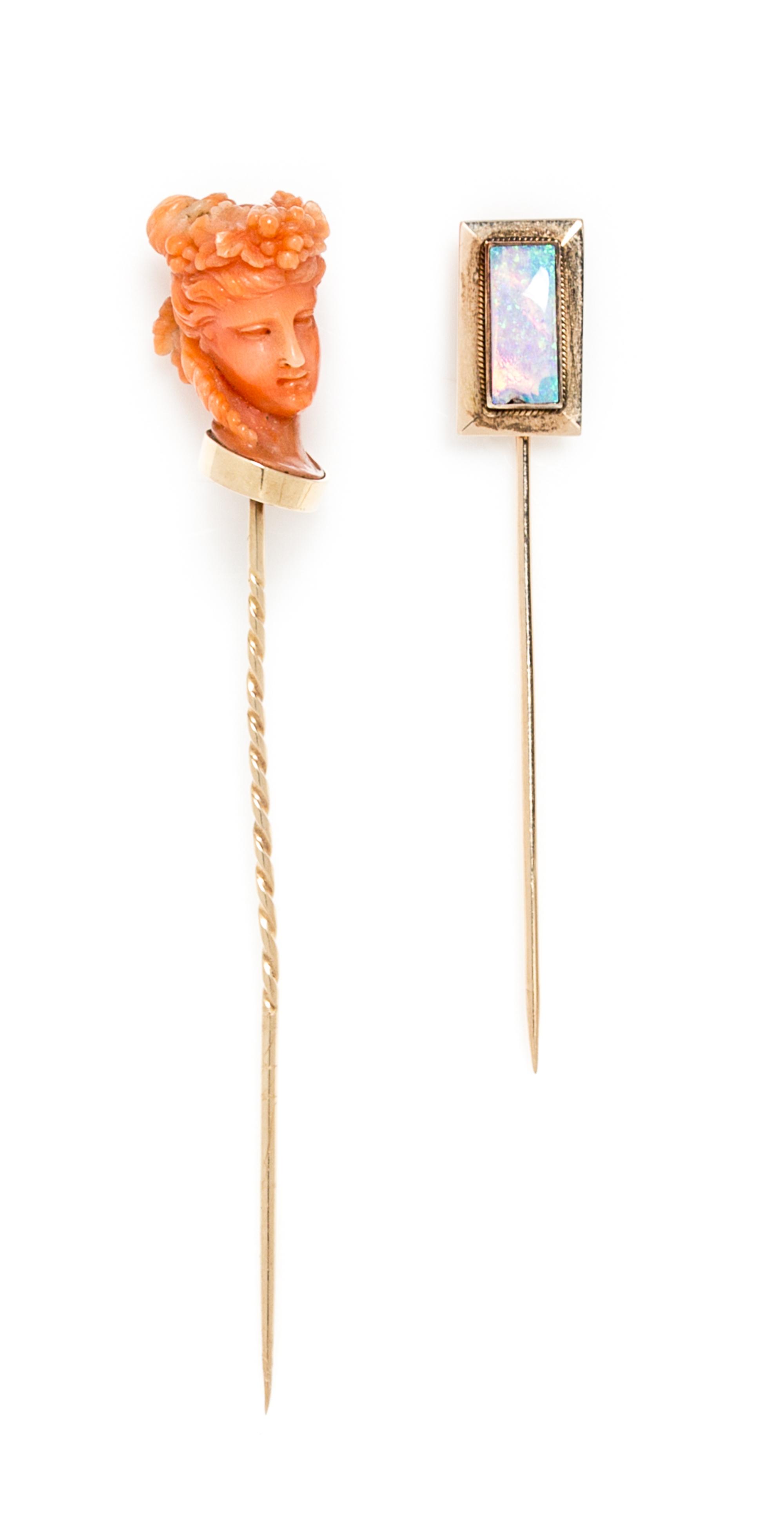 A Collection of Gold and Gem Stick Pins, 5.70 dwts.