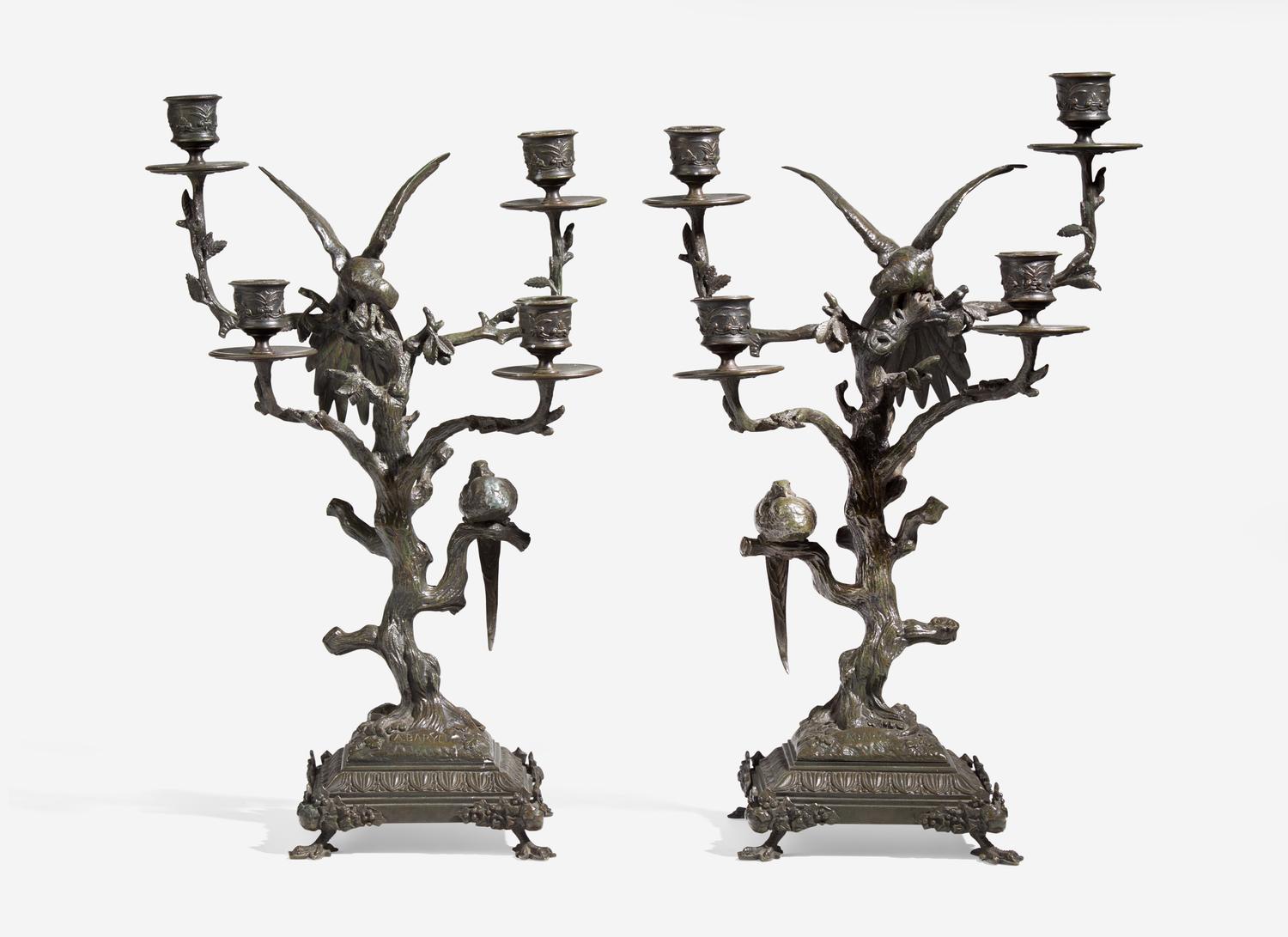 A Pair of Patinated Bronze Animalier Four-Light Candelabra