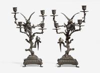 A Pair of Patinated Bronze Animalier Four-Light Candelabra