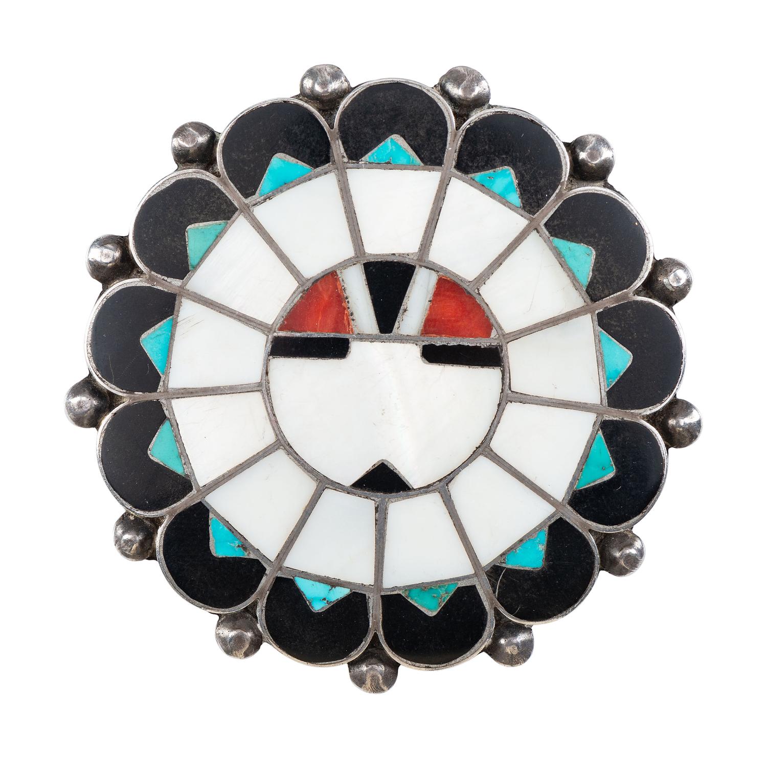 Zuni Silver and Mosaic Inlay Sun Face Pin / Brooch