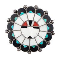 Zuni Silver and Mosaic Inlay Sun Face Pin / Brooch
