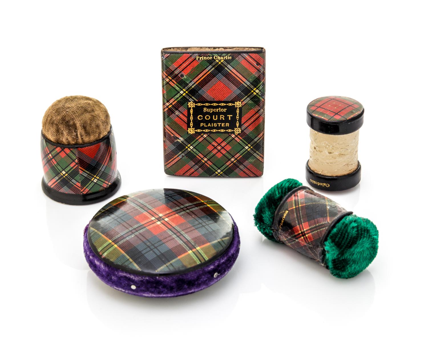 Seven Tartanware Sewing Articles Length of longest 6 inches.