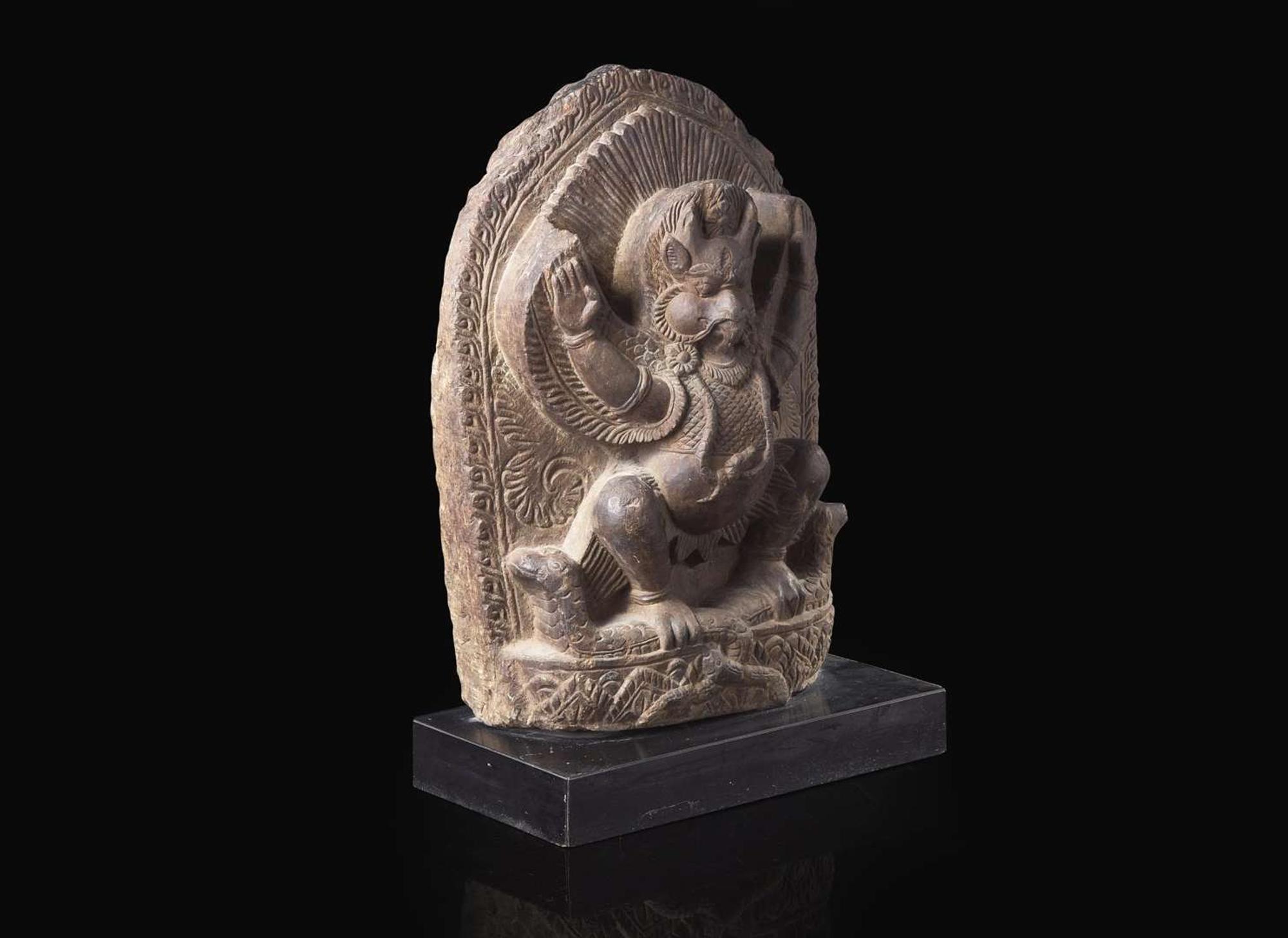 A carved grey-brown stone stele of Garuda, probably Nepalese 棕灰石雕迦樓羅 或尼泊爾