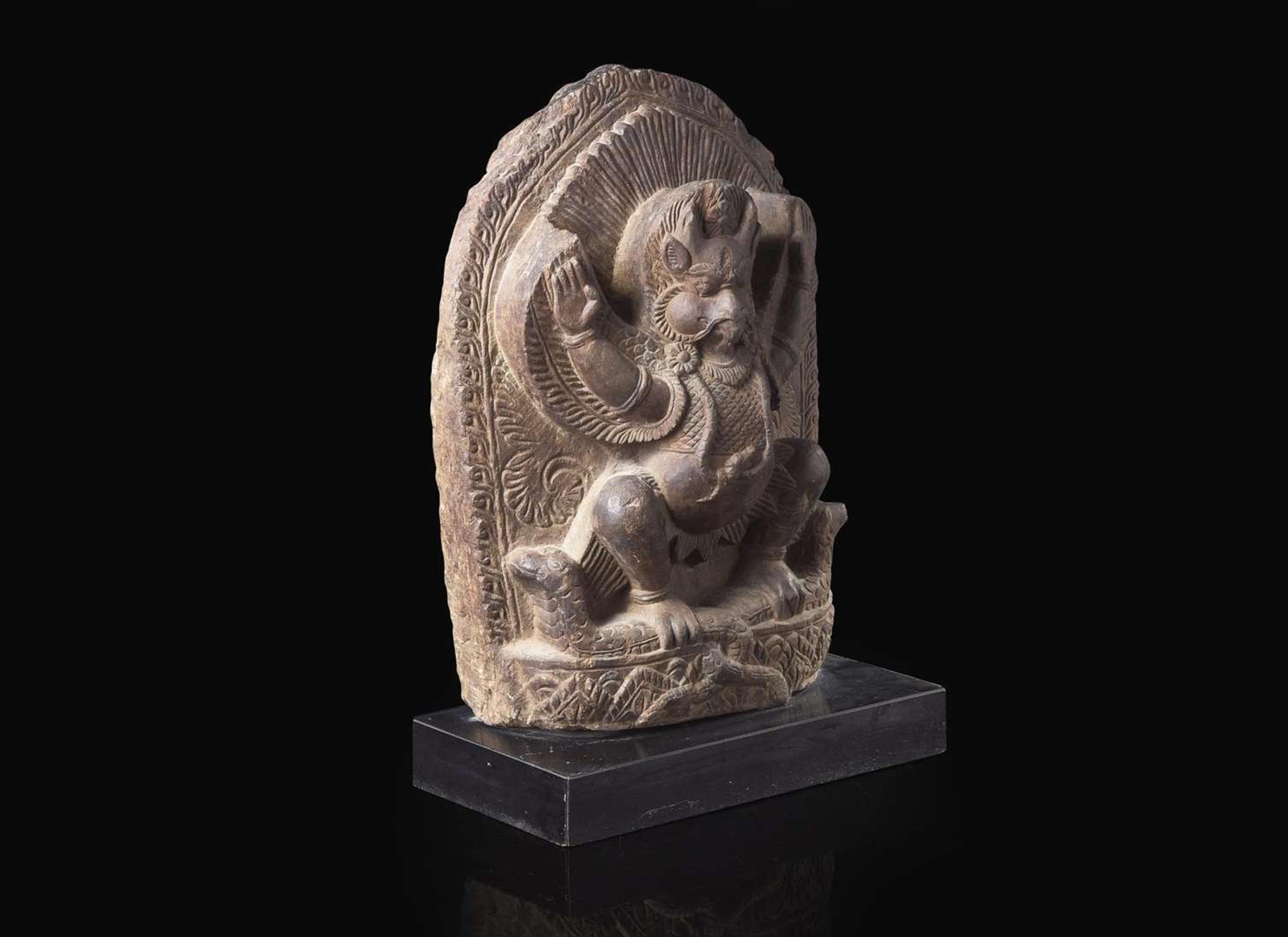 A carved grey-brown stone stele of Garuda, probably Nepalese 棕灰石雕迦樓羅 或尼泊爾