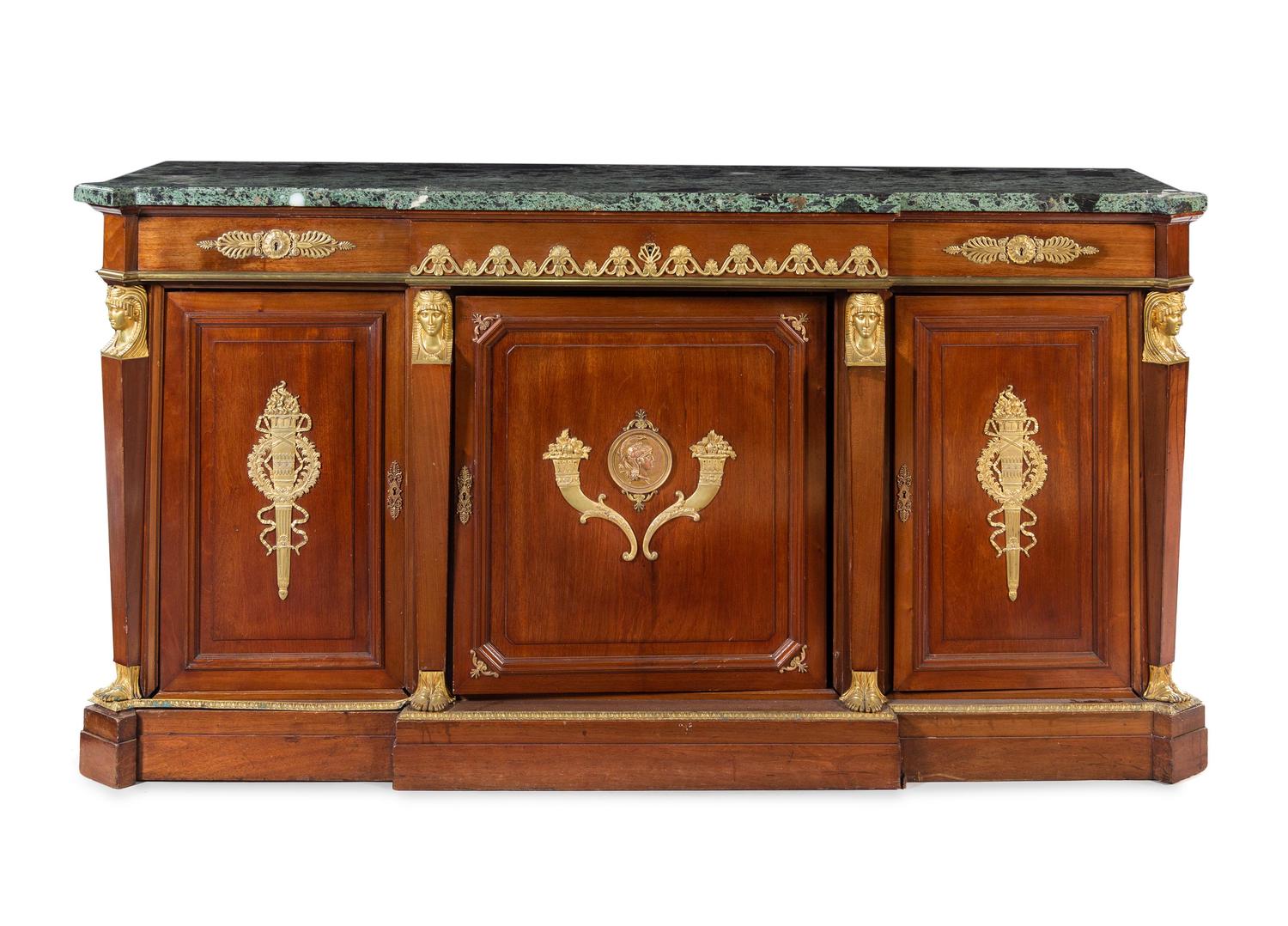 An Empire Gilt Bronze Mounted Mahogany and Marble-Top Sideboard