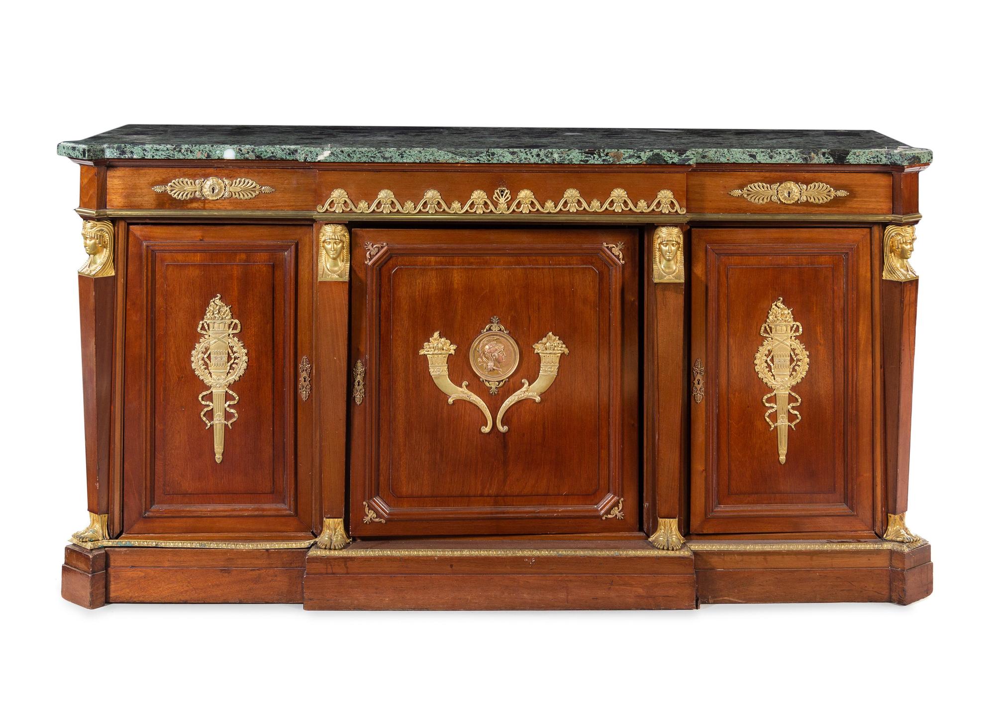 An Empire Gilt Bronze Mounted Mahogany and Marble-Top Sideboard