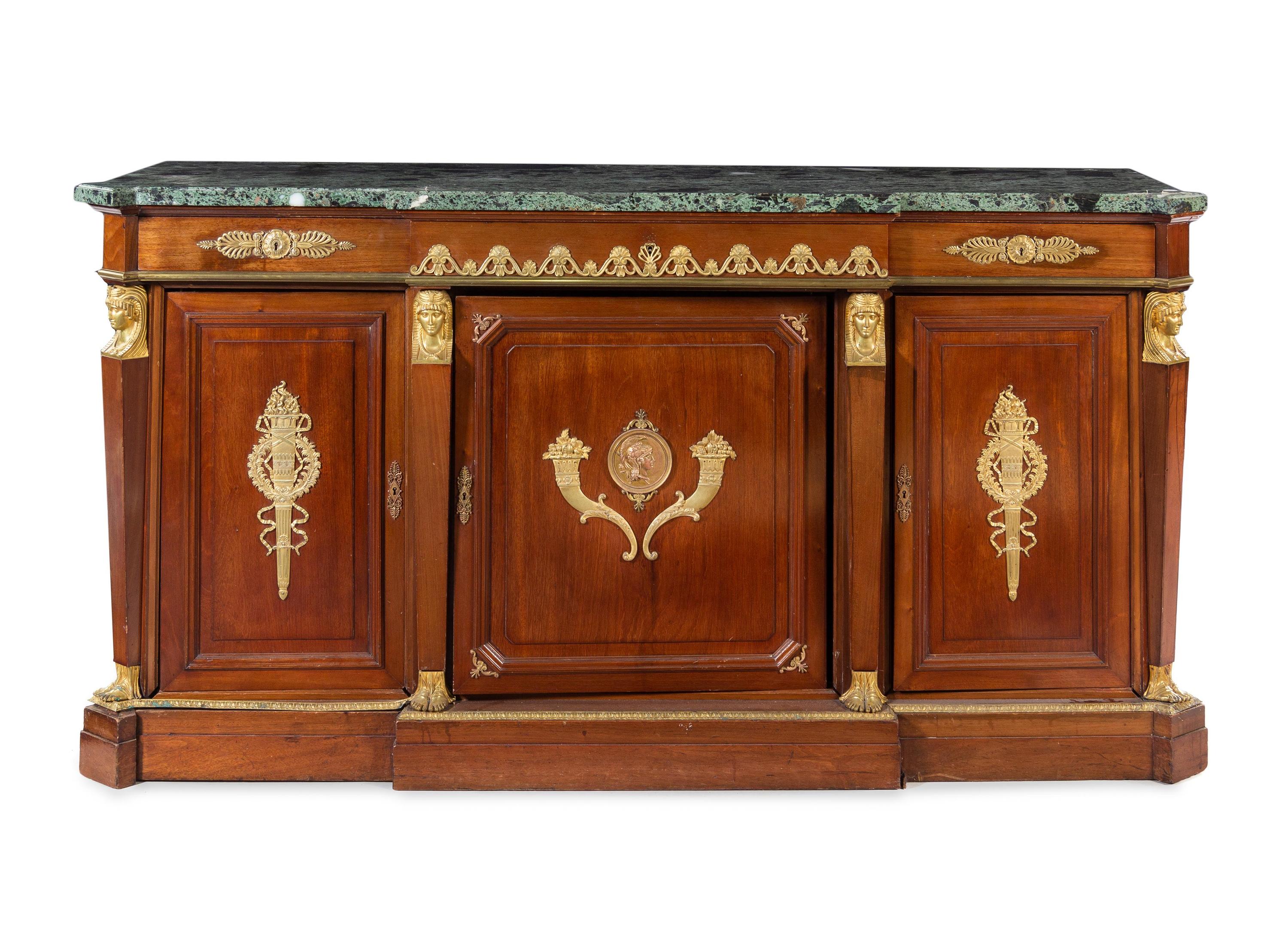An Empire Gilt Bronze Mounted Mahogany and Marble-Top Sideboard