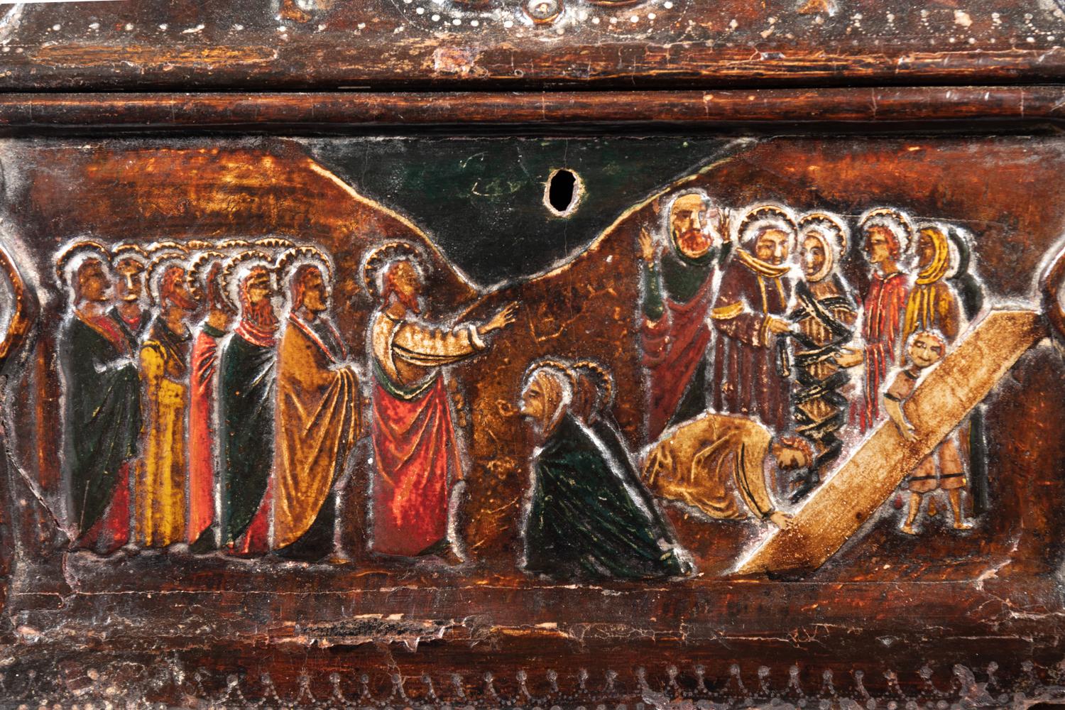 An Italian Polychrome Decorated Salt Box Depicting Scenes from the Crucifixion