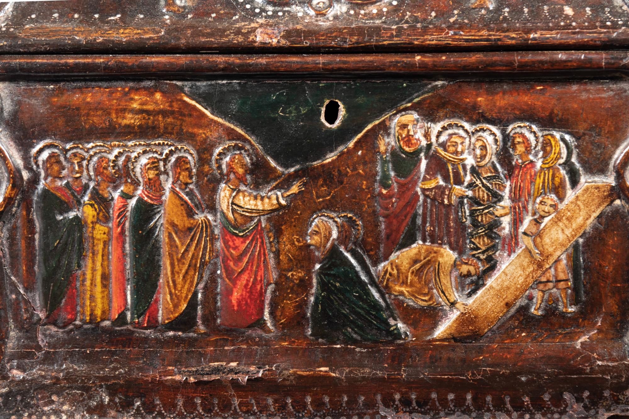 An Italian Polychrome Decorated Salt Box Depicting Scenes from the Crucifixion