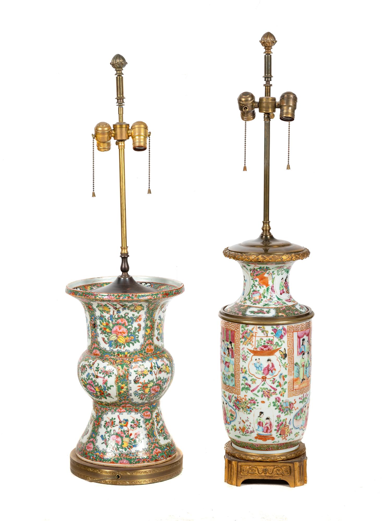 Two Gilt Bronze Mounted Rose Medallion Porcelain Vases Mounted as Lamps