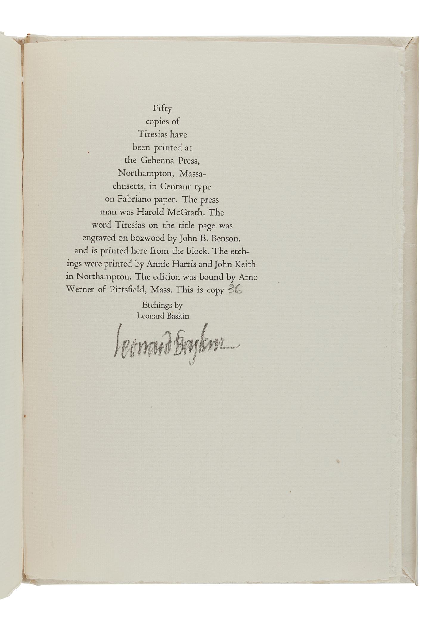 BASKIN, Leonard (1922-2000). TENNYSON, Alfred Lord (1809-1892). Tiresias. Northampton, MA: Gehenna Press, 1970.