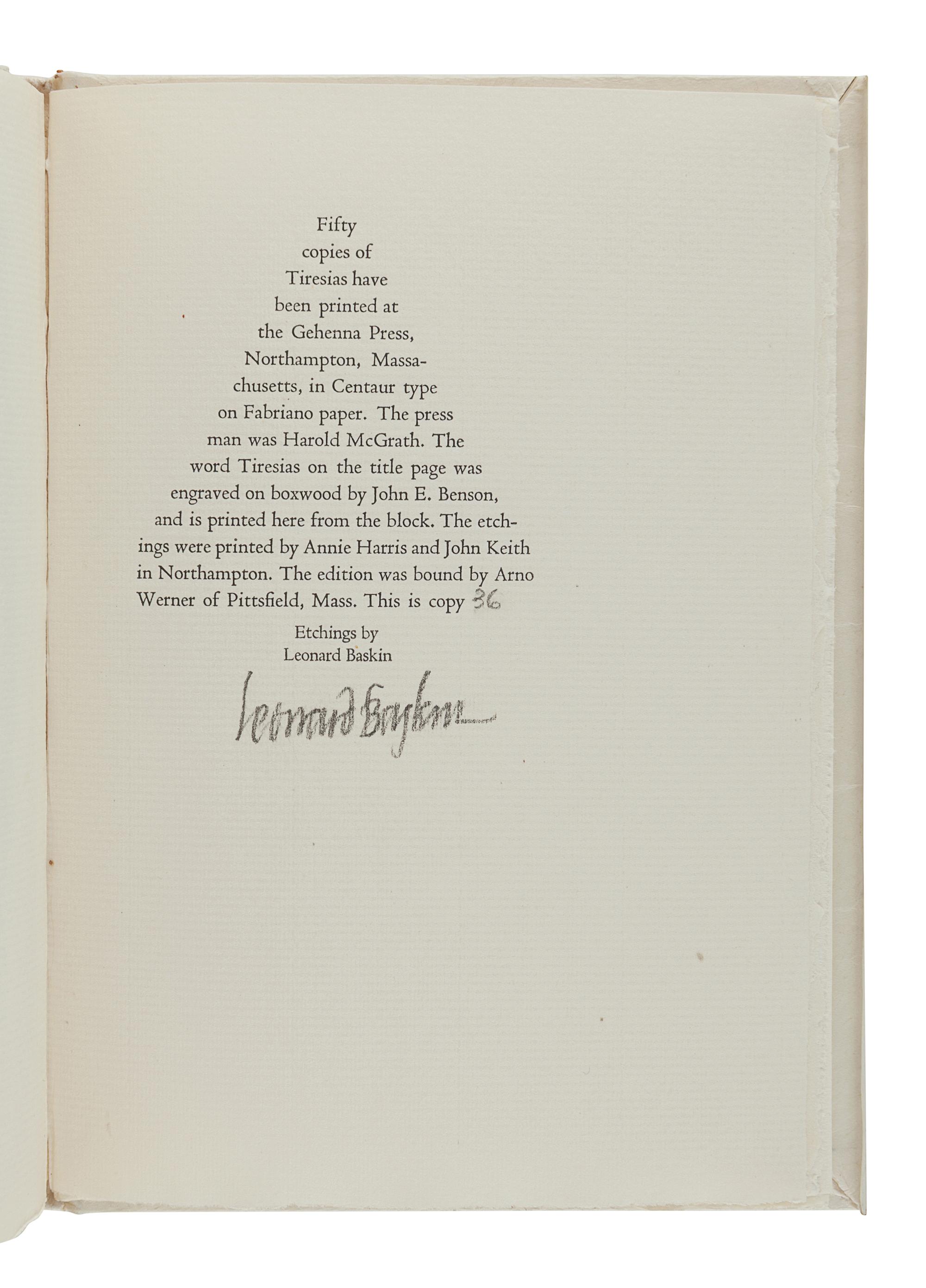 BASKIN, Leonard (1922-2000). TENNYSON, Alfred Lord (1809-1892). Tiresias. Northampton, MA: Gehenna Press, 1970.