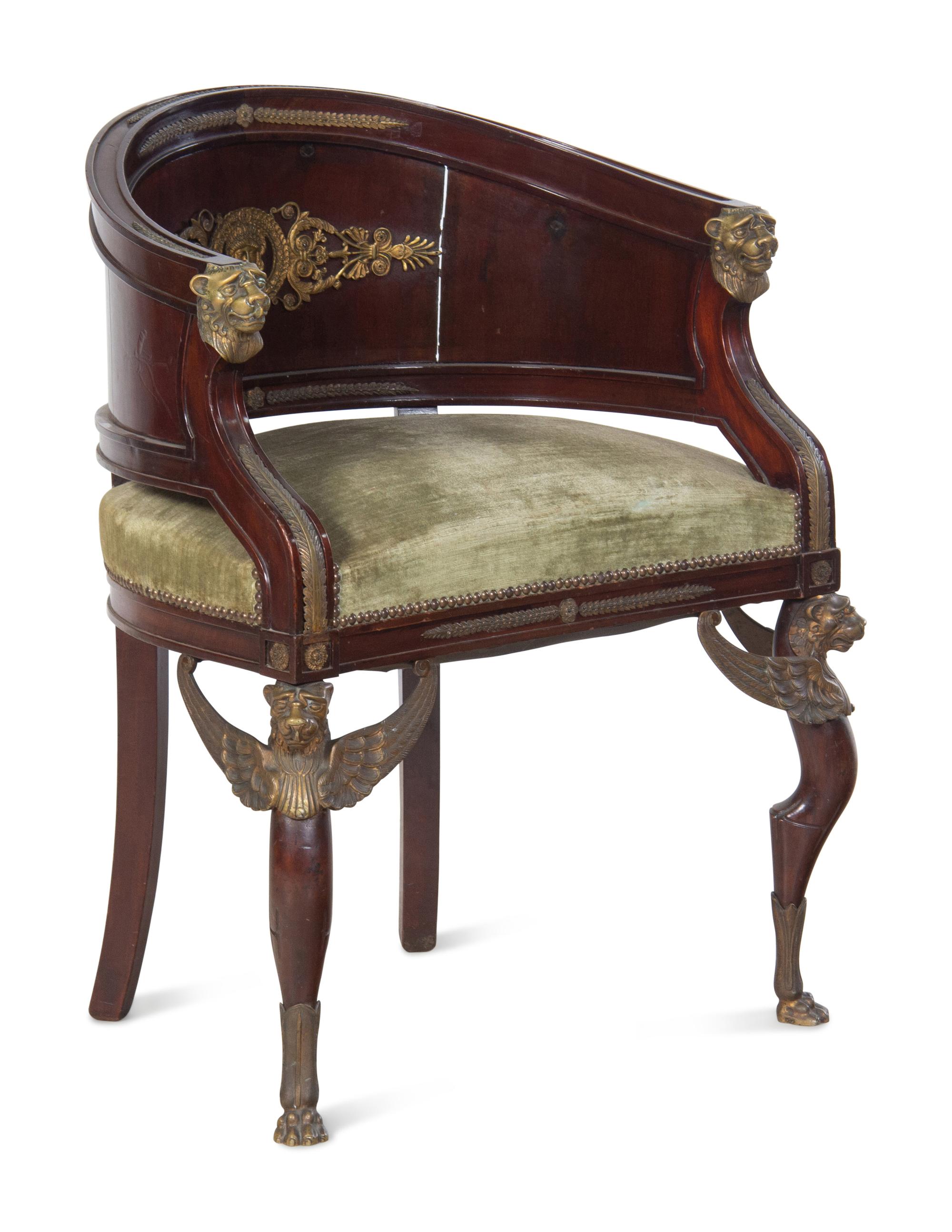 An Empire Style Gilt Bronze Mounted Mahogany Bergère de Bureau