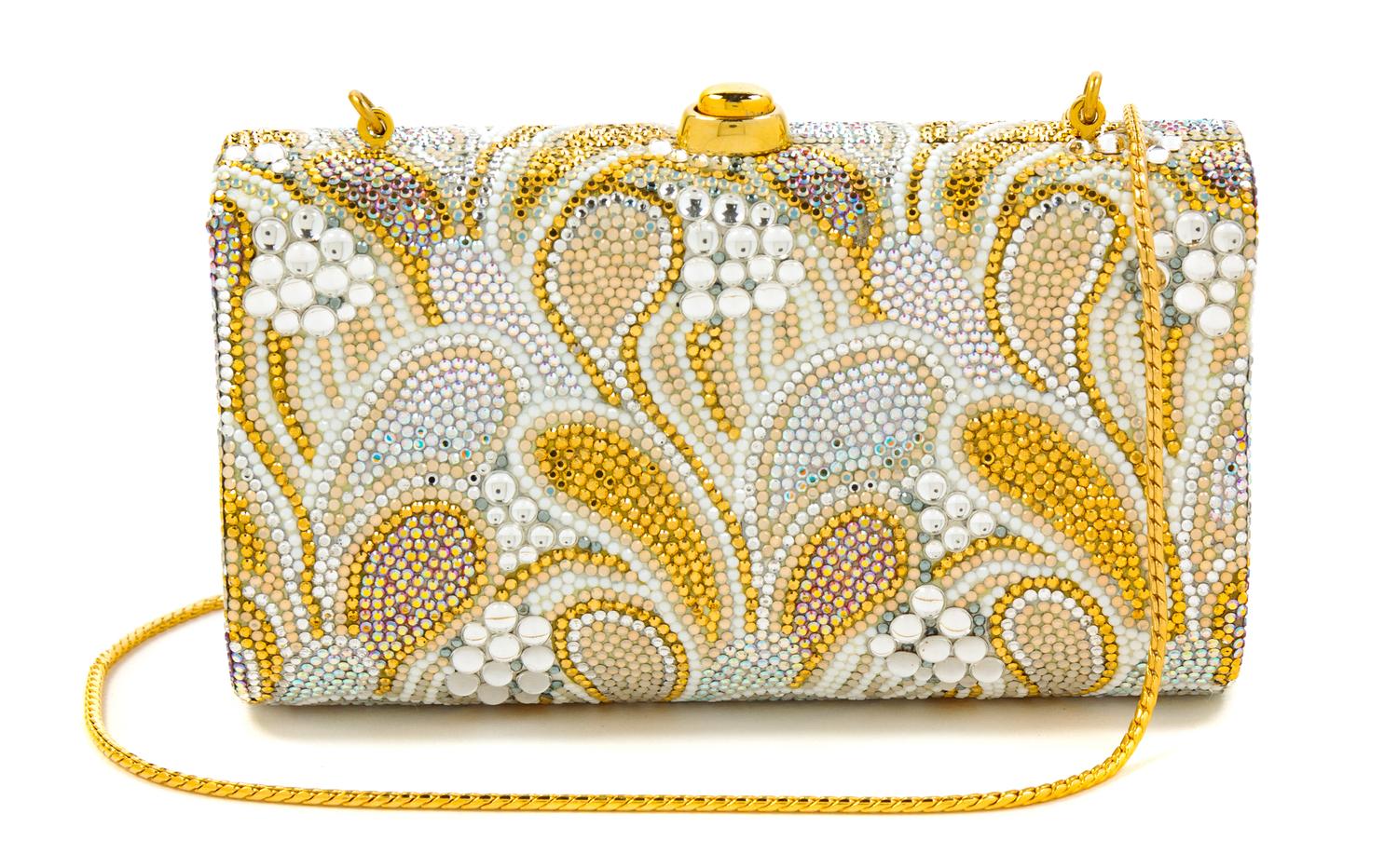 A Judith Leiber Mutlticolor Paisley Minaudiere, 3"H x 5.5"W x 1.5"D; Shoulder strap: 20".
