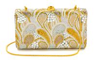 A Judith Leiber Mutlticolor Paisley Minaudiere, 3"H x 5.5"W x 1.5"D; Shoulder strap: 20".