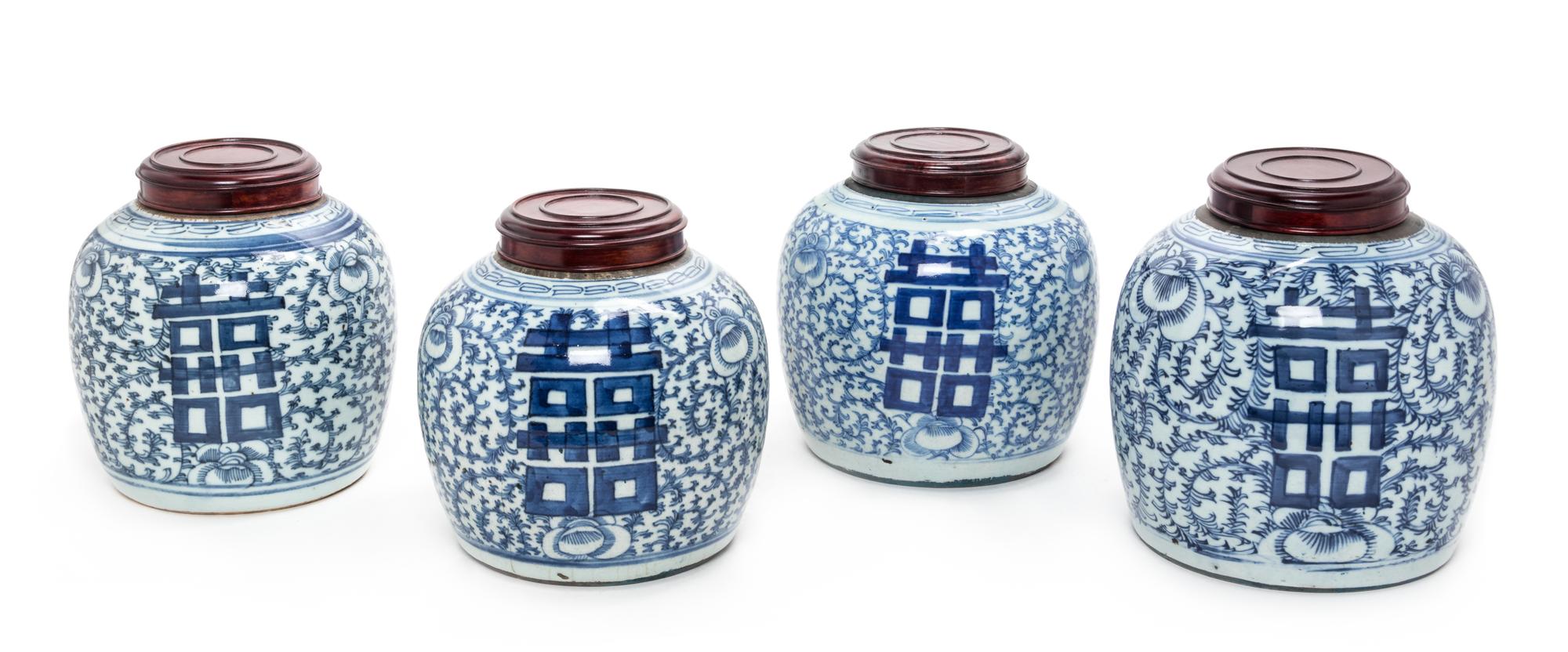 Four Chinese Blue and White Porcelain Ginger Jars Height 8 1/2 inches. — 19TH CENTURY