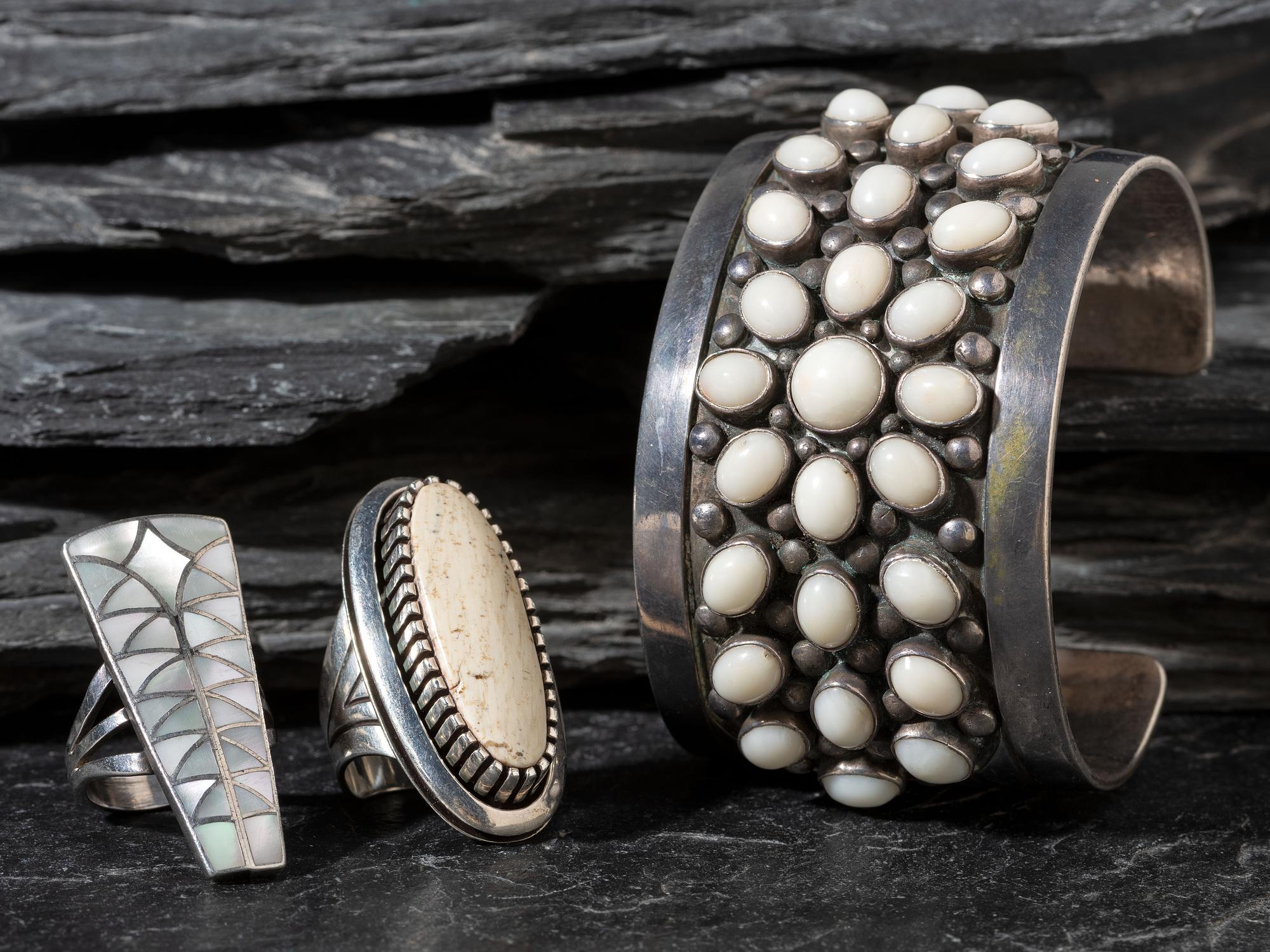 Navajo and Zuni SIlver and Shell Cuff Bracelet and Rings