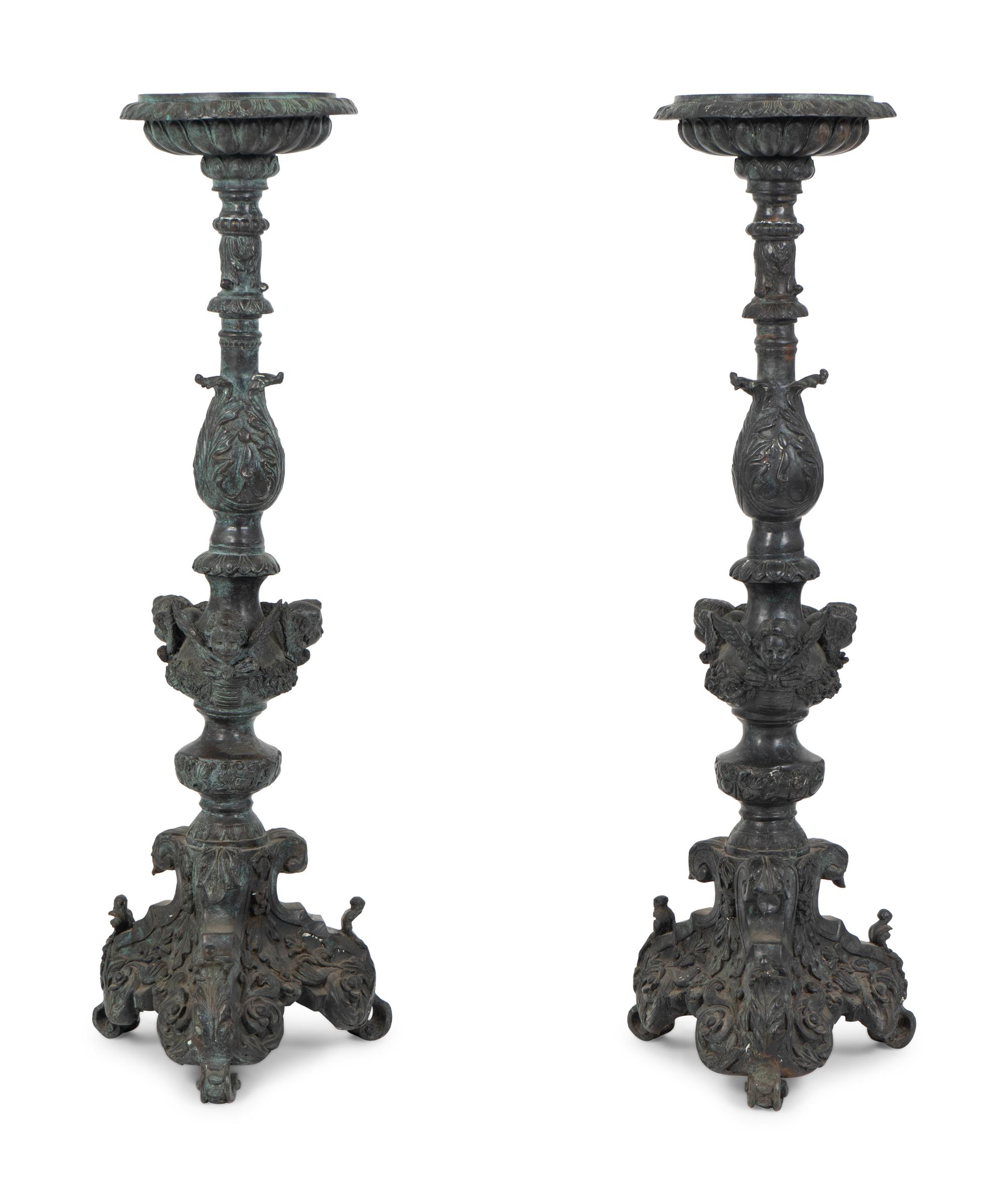 A Pair of Large Patinated Bronze Prickets — 19TH CENTURY