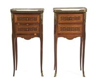 A Pair of Louis XVI Style Parquetry and Gilt Metal Mounted Side Tables, Height 29 1/2 x width 14 1/4 x depth 11 inches.
