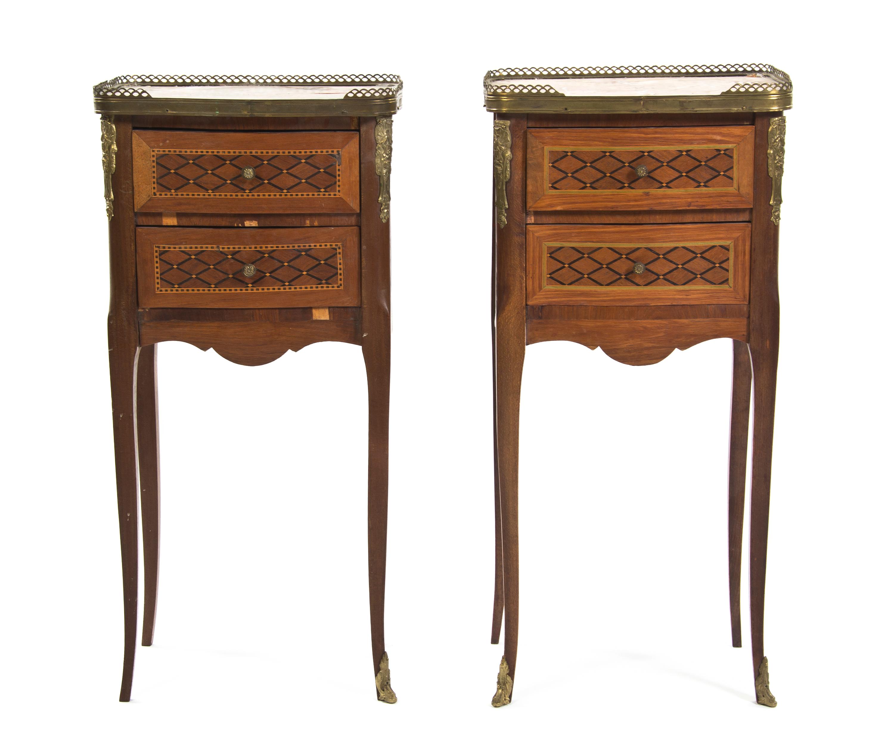 A Pair of Louis XVI Style Parquetry and Gilt Metal Mounted Side Tables, Height 29 1/2 x width 14 1/4 x depth 11 inches.