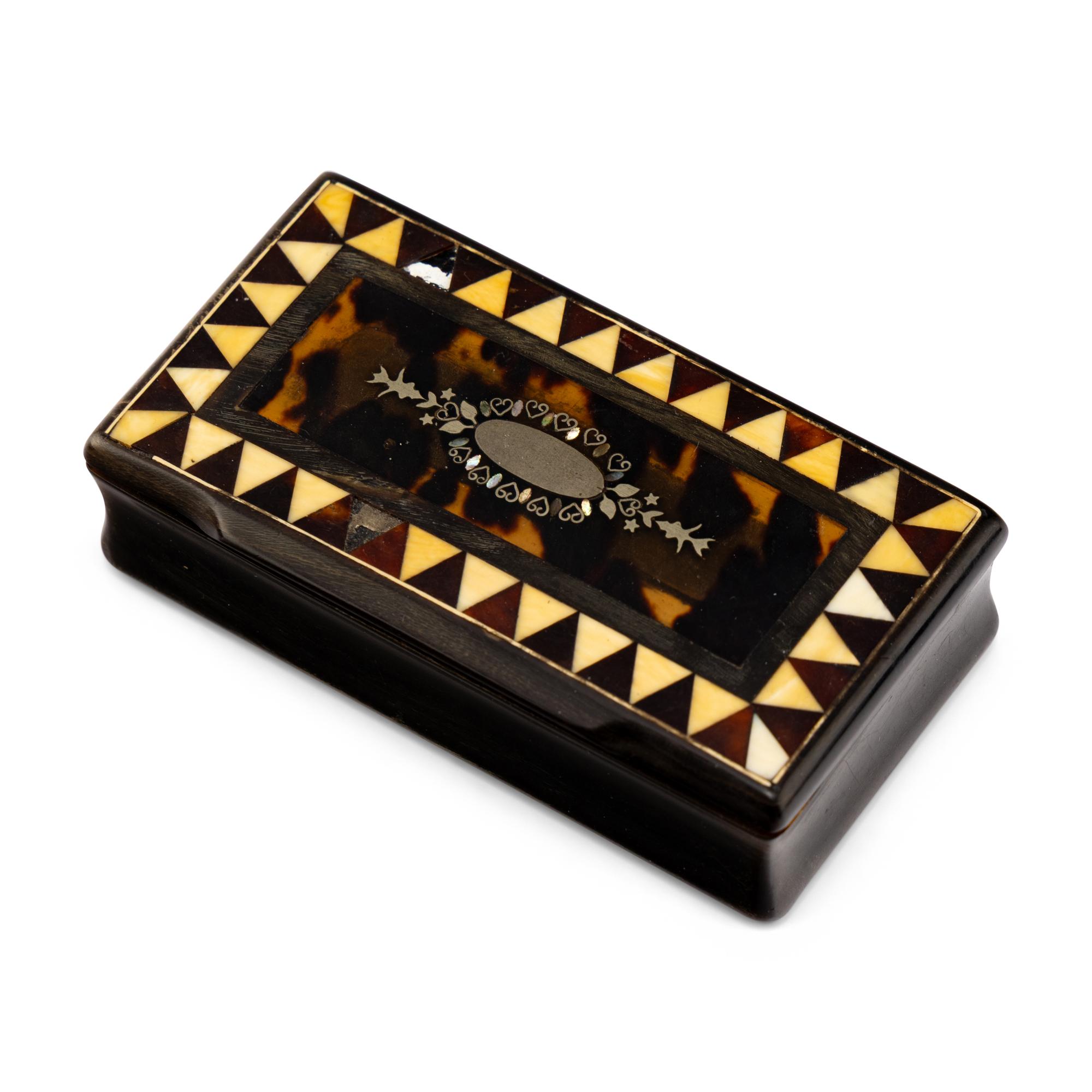 Six Tortoise Shell Veneered Inlaid Snuff Boxes