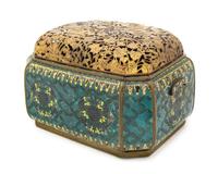 A Rare Japanese Parcel Gilt Cloisonne Covered Hibachi 19TH CENTURY Height with cover 10 1/2 x width 17 x length 12 1/4 inches. — 19TH CENTURY