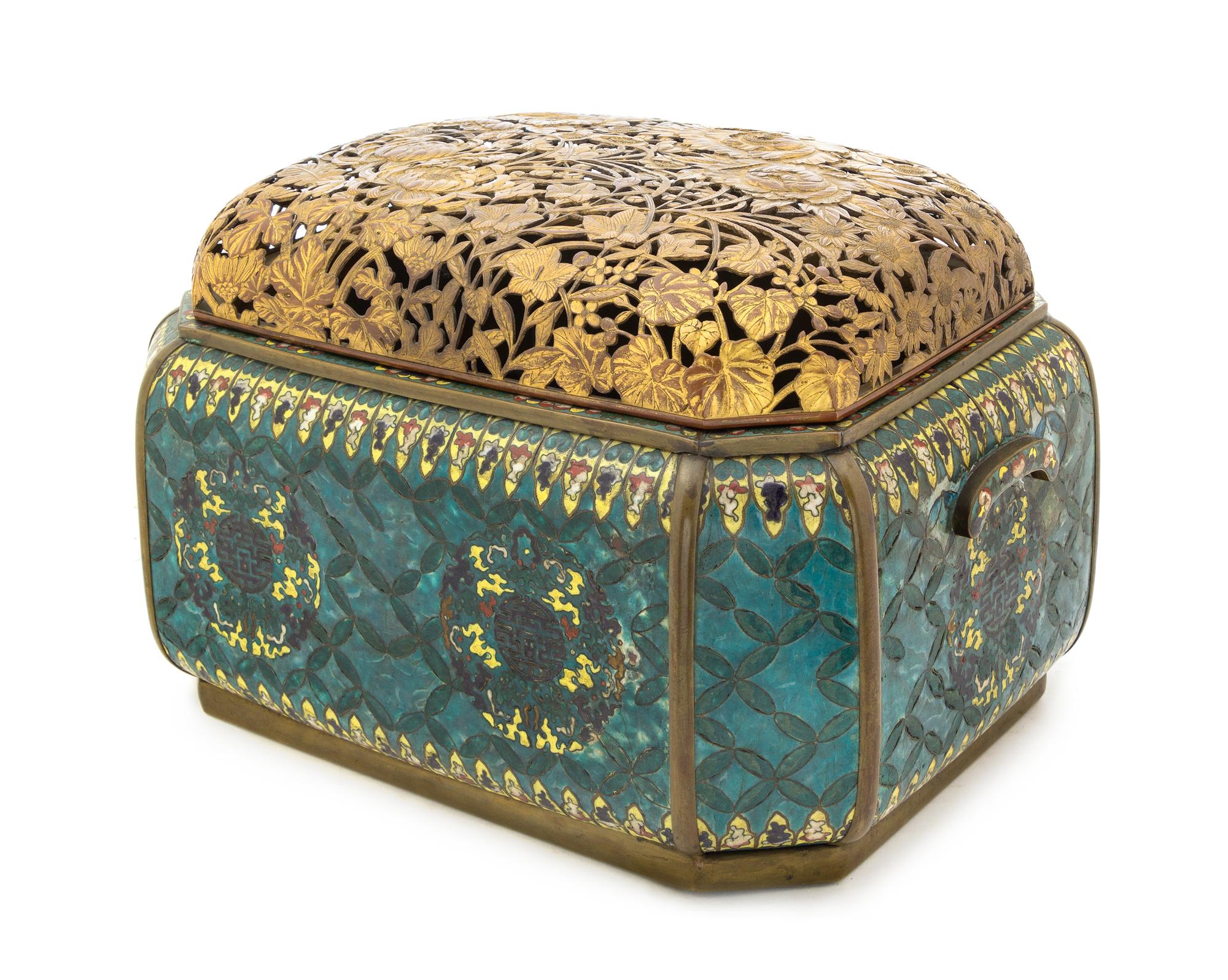 A Rare Japanese Parcel Gilt Cloisonne Covered Hibachi 19TH CENTURY Height with cover 10 1/2 x width 17 x length 12 1/4 inches. — 19TH CENTURY