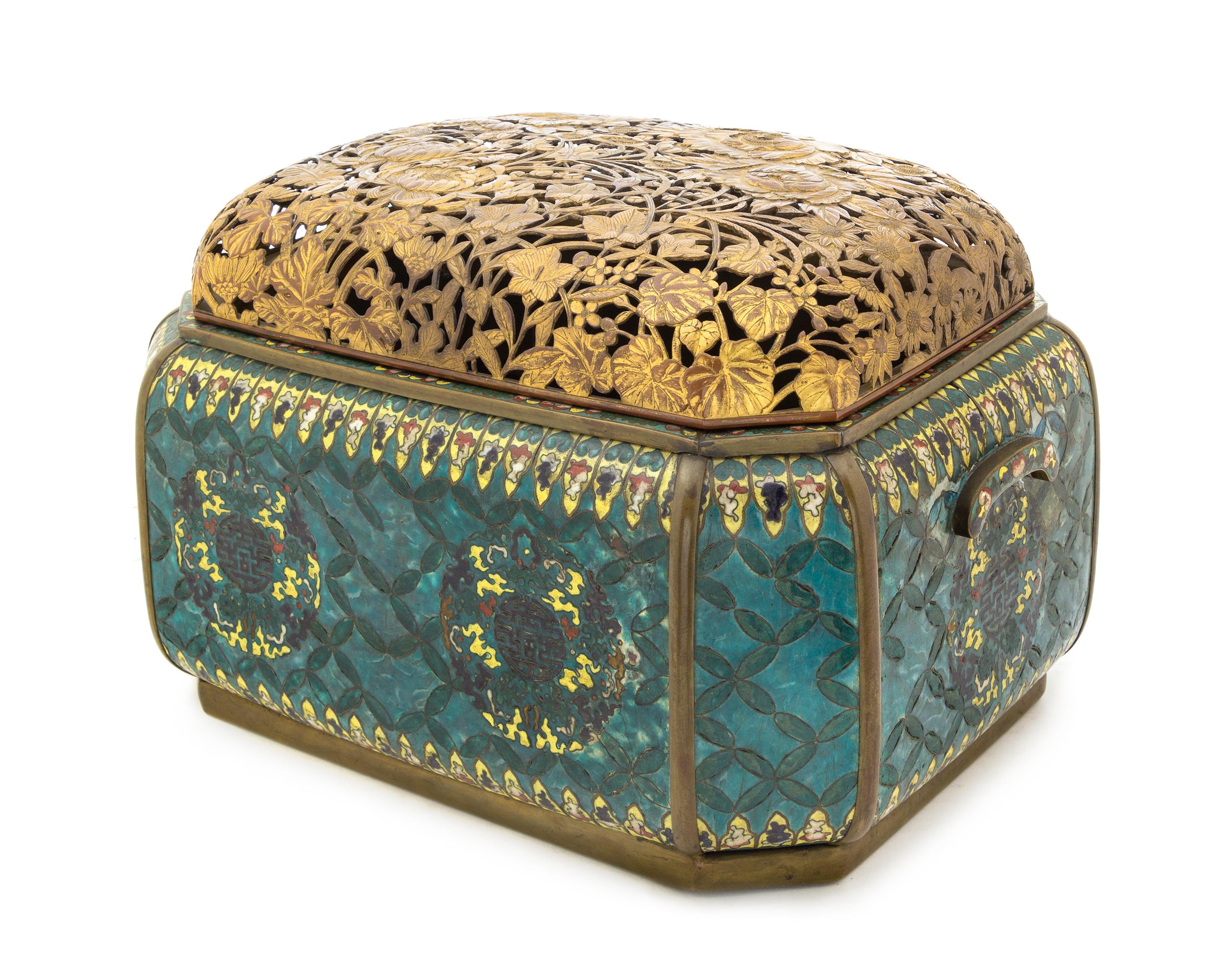 A Rare Japanese Parcel Gilt Cloisonne Covered Hibachi 19TH CENTURY Height with cover 10 1/2 x width 17 x length 12 1/4 inches. — 19TH CENTURY