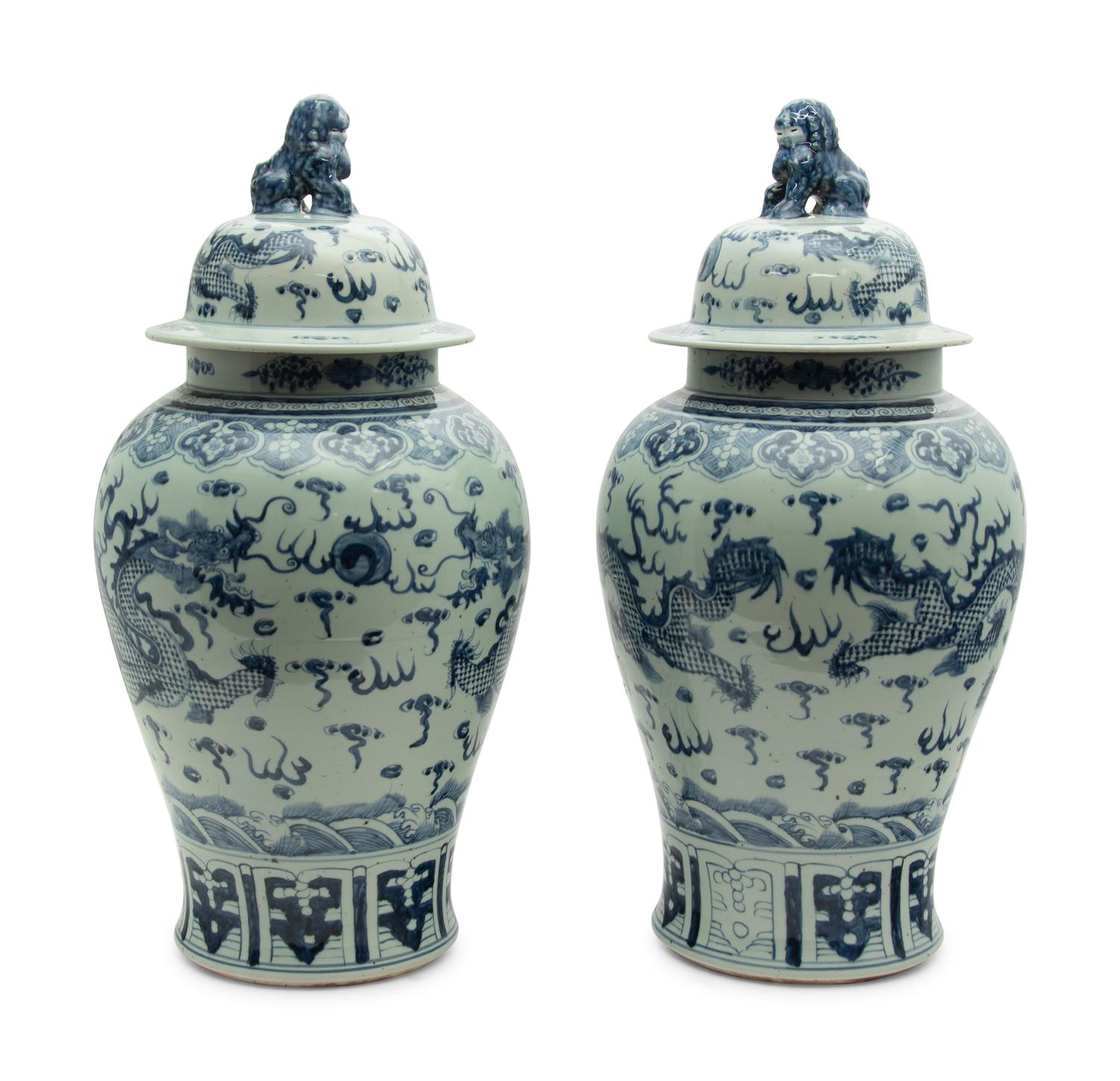 A Large Pair of Chinese Blue and White Porcelain Covered Jars