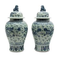A Large Pair of Chinese Blue and White Porcelain Covered Jars