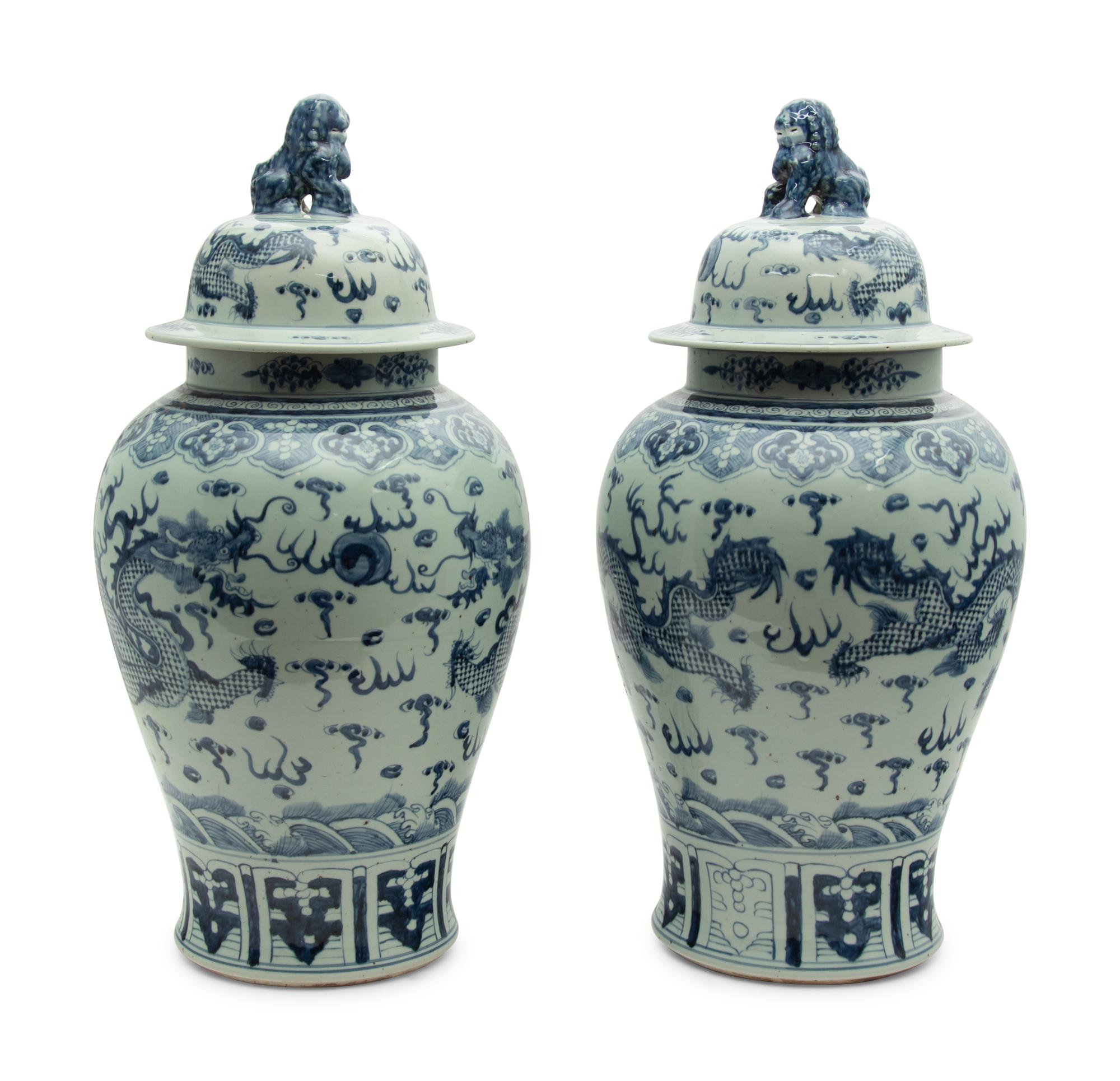 A Large Pair of Chinese Blue and White Porcelain Covered Jars