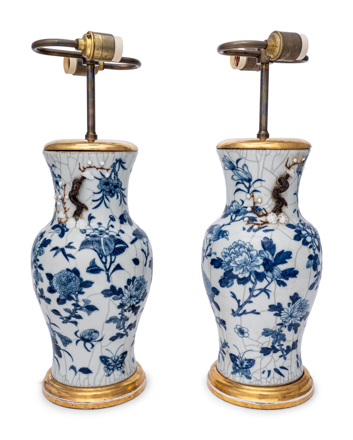 A Pair of Chinese Export Blue and White Porcelain Lamps
