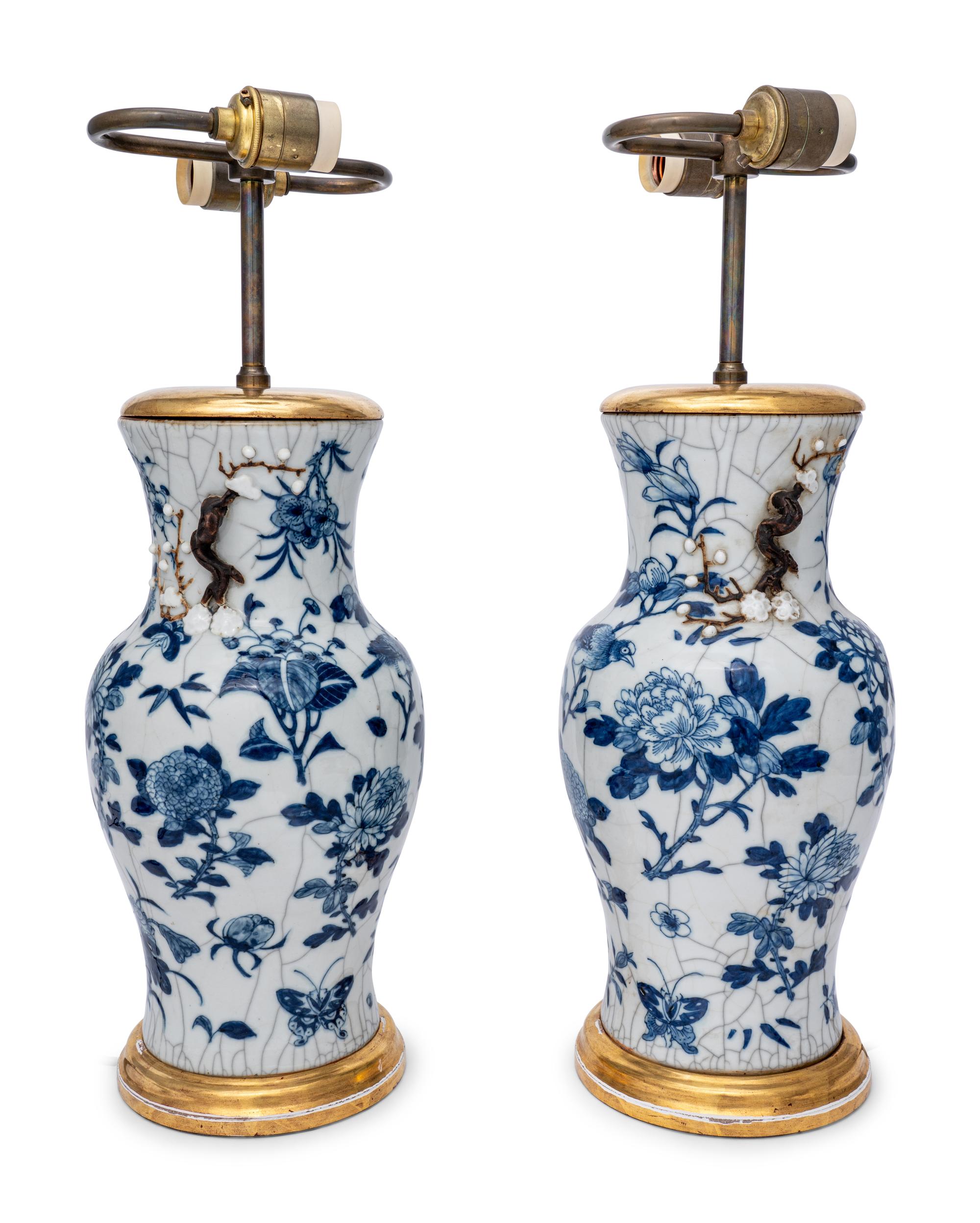 A Pair of Chinese Export Blue and White Porcelain Lamps