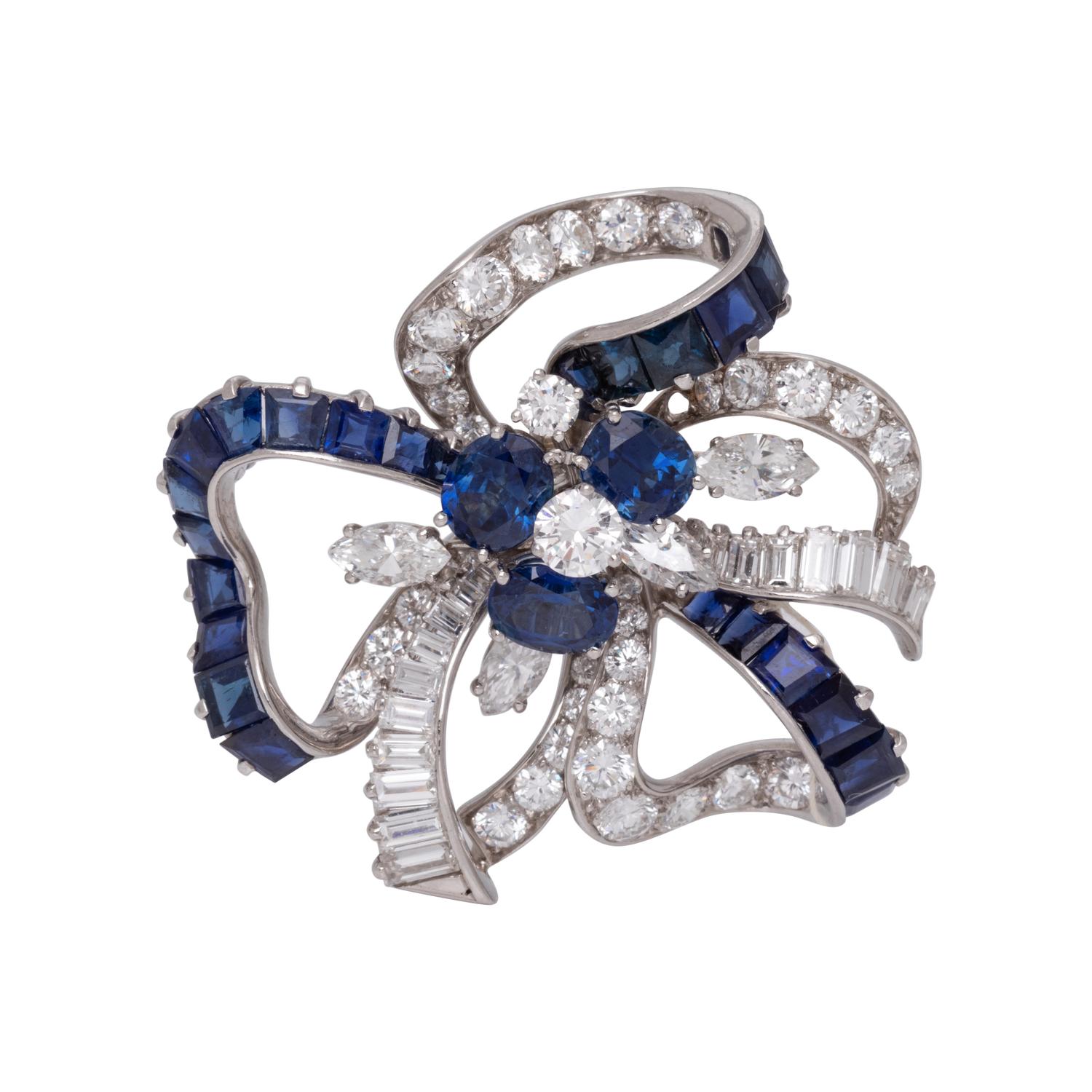 OSCAR HEYMAN, VINTAGE, SAPPHIRE AND DIAMOND BOW BROOCH