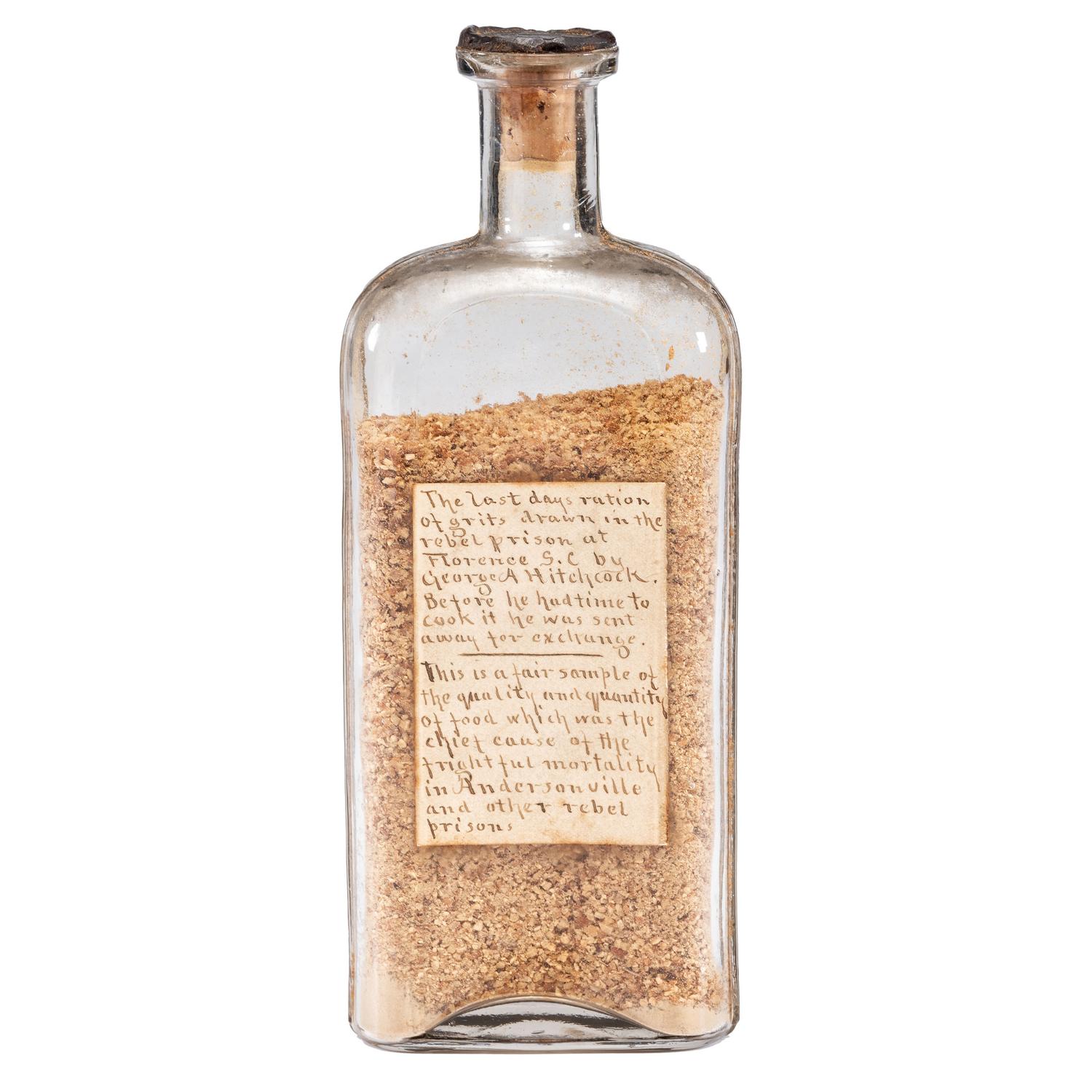 Private George A. Hitchcock, Company A, 21st Massachusetts Infantry, Andersonville Prisoner of War. Ration bag and "last days ration" of grits from Florence, South Carolina prison.