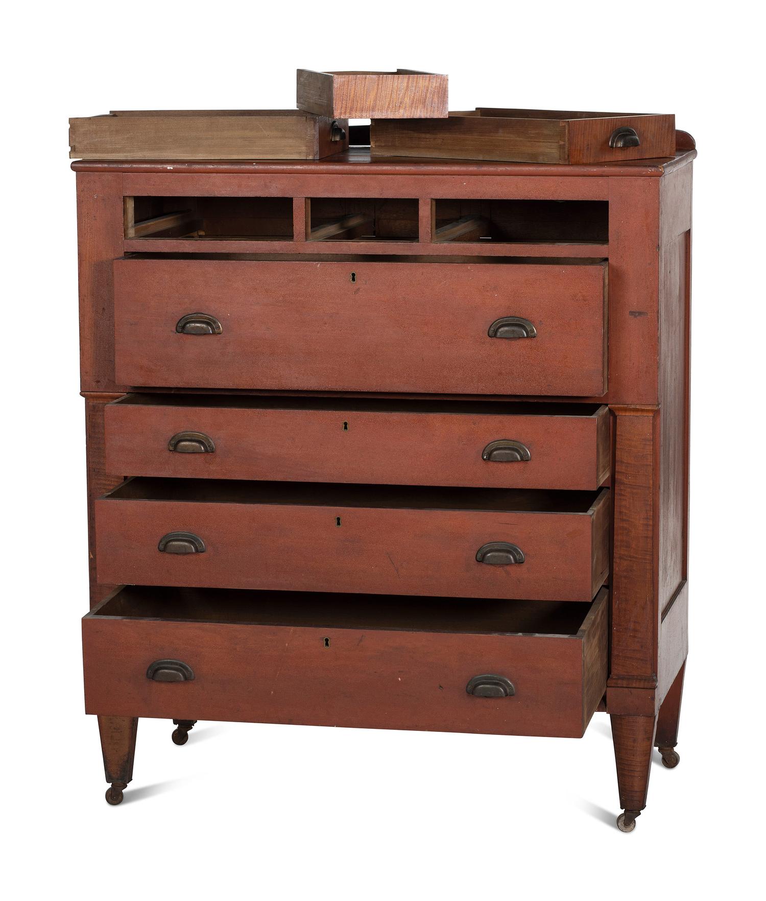 An Ohio Mennonite Red-Stained Cherrywood and Tiger Maple Chest of Drawers