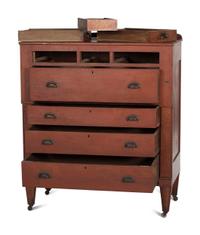 An Ohio Mennonite Red-Stained Cherrywood and Tiger Maple Chest of Drawers