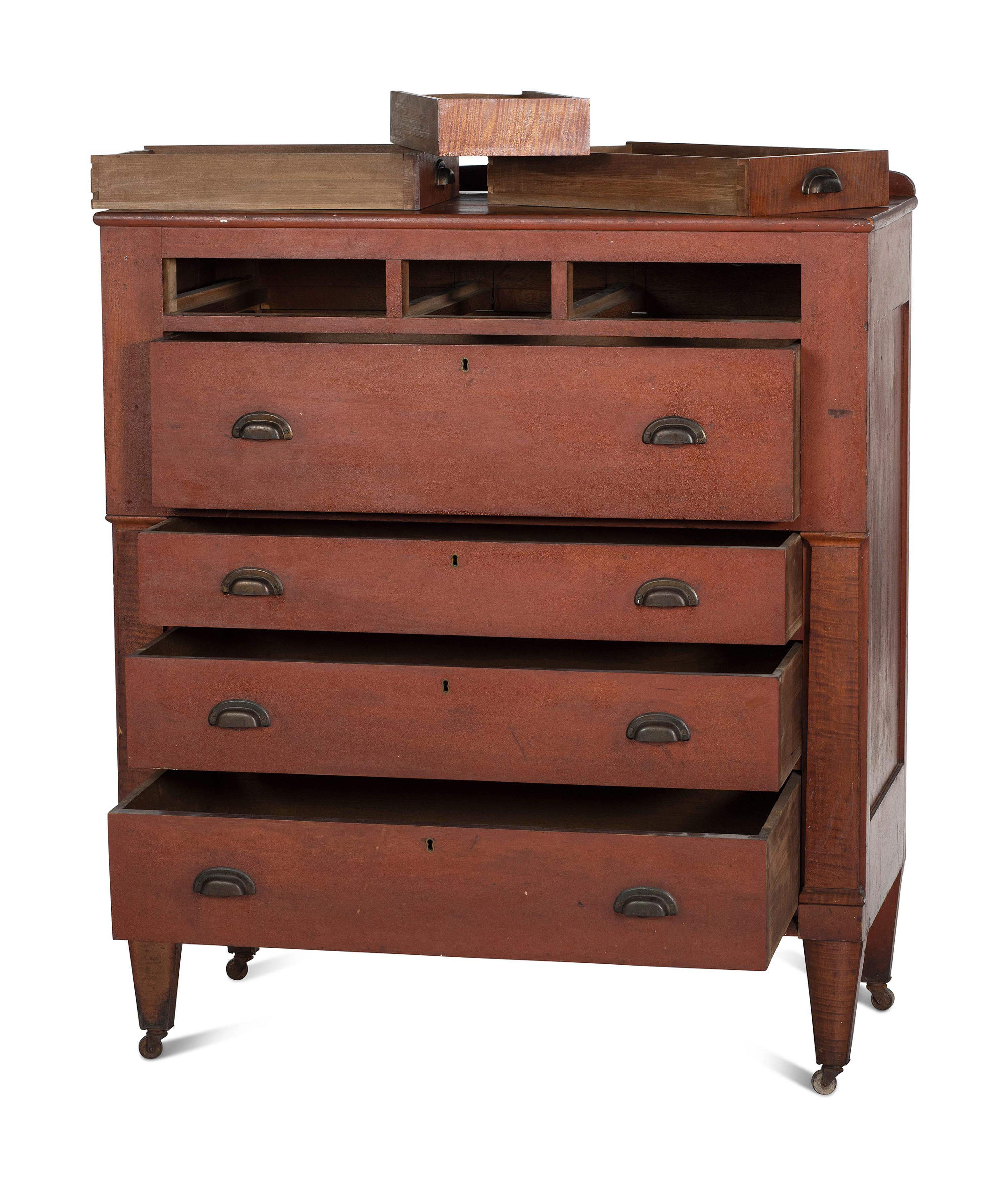 An Ohio Mennonite Red-Stained Cherrywood and Tiger Maple Chest of Drawers