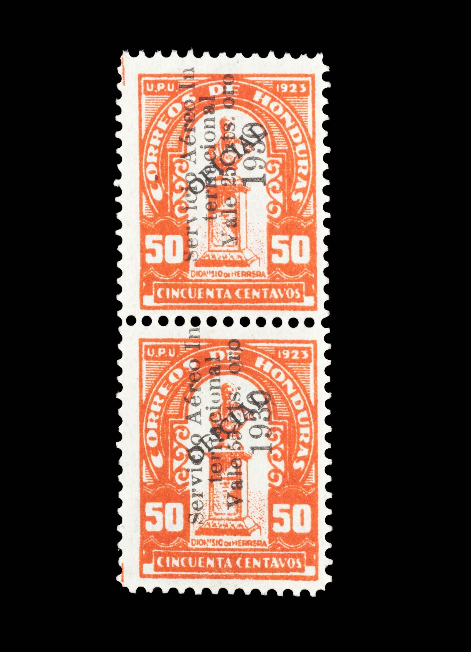 {PHILATELY} [SURCHARGE ERROR] HONDURAS. Airmail. 1930. 55c on 50c and 25c on 50c. Vermillion and Black surcharge. (#C35 & C35a), Vertical Pair, The Bottom Stamp with the Surcharge Error '55' Instead of '25',