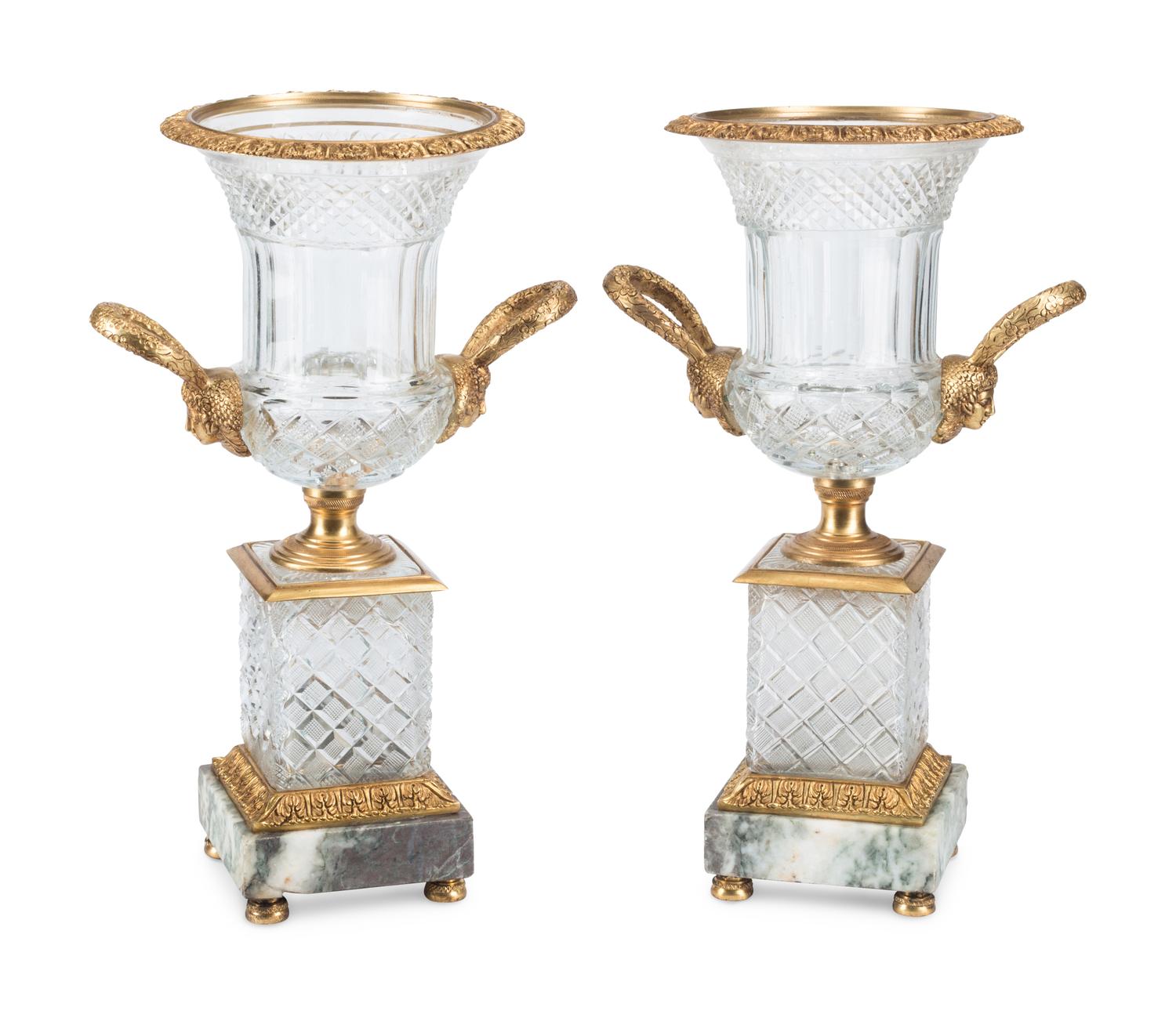 A Pair of French Gilt Bronze Mounted Cut Glass Urns