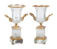 A Pair of French Gilt Bronze Mounted Cut Glass Urns