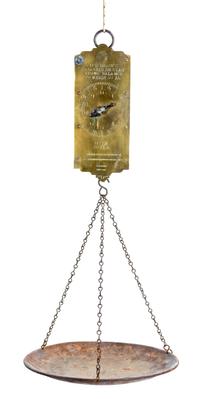 A Group of Three Antique Brass Scales Height of largest 44 inches.
