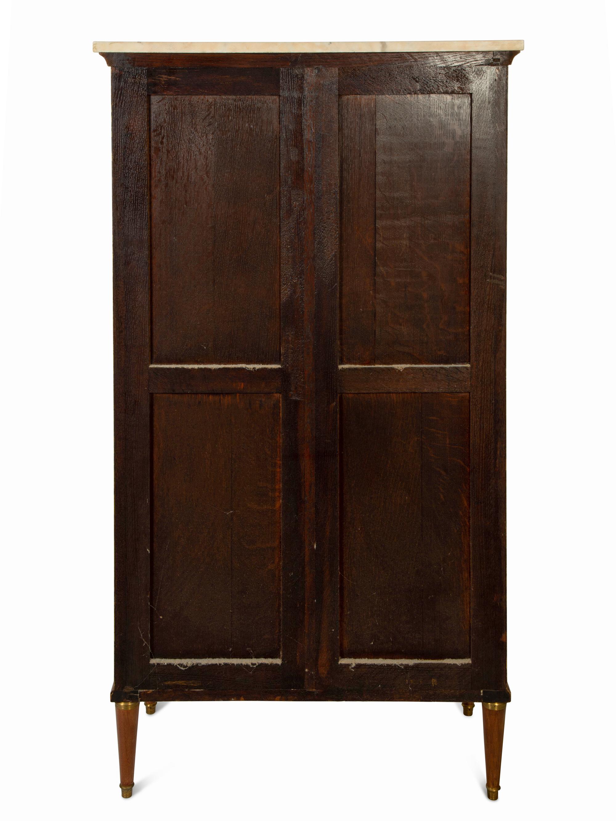 A Louis XVI Style Gilt Bronze Mounted Tulipwood Marble-Top Cabinet