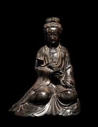 A Silver Wire Inlaid Bronze Figure of Guanyin