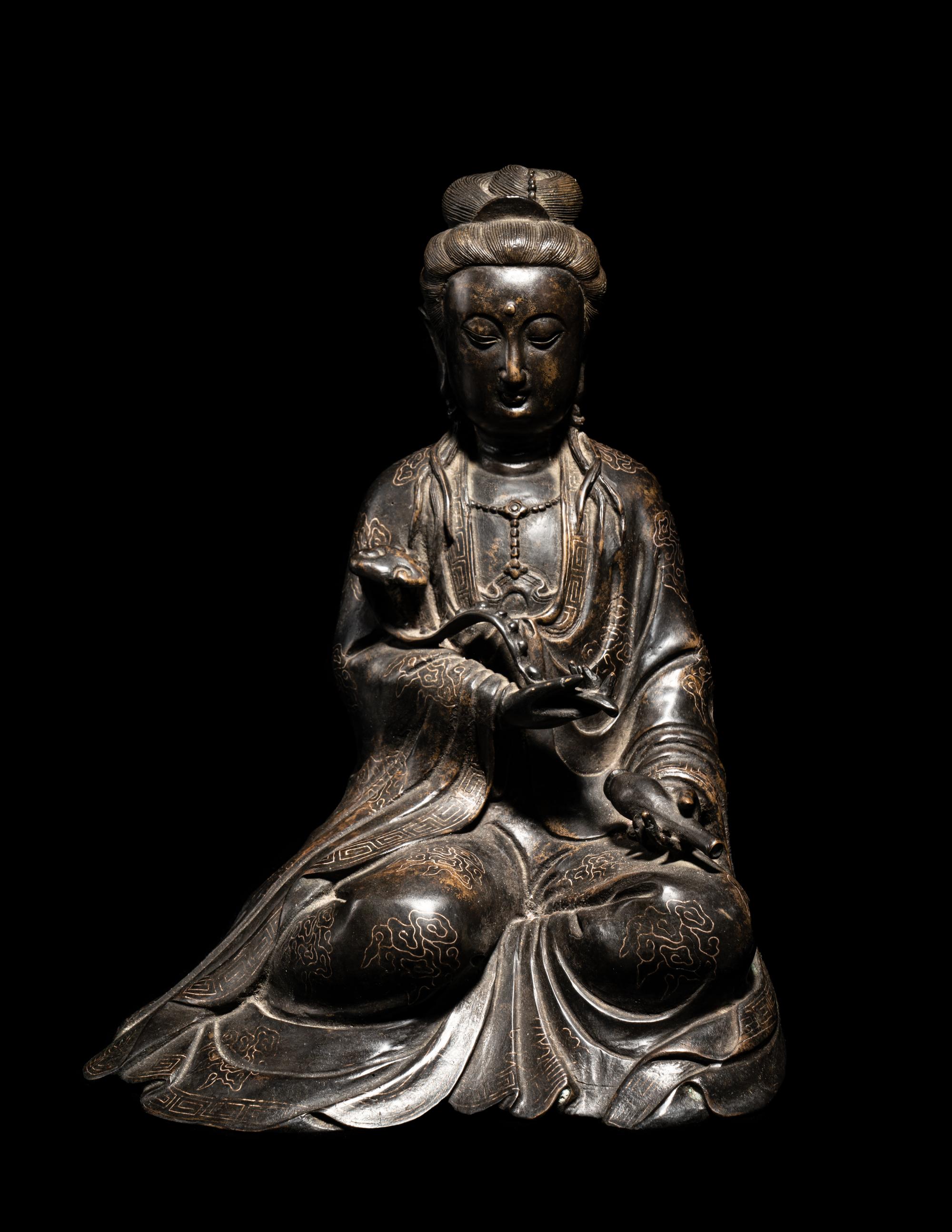 A Silver Wire Inlaid Bronze Figure of Guanyin