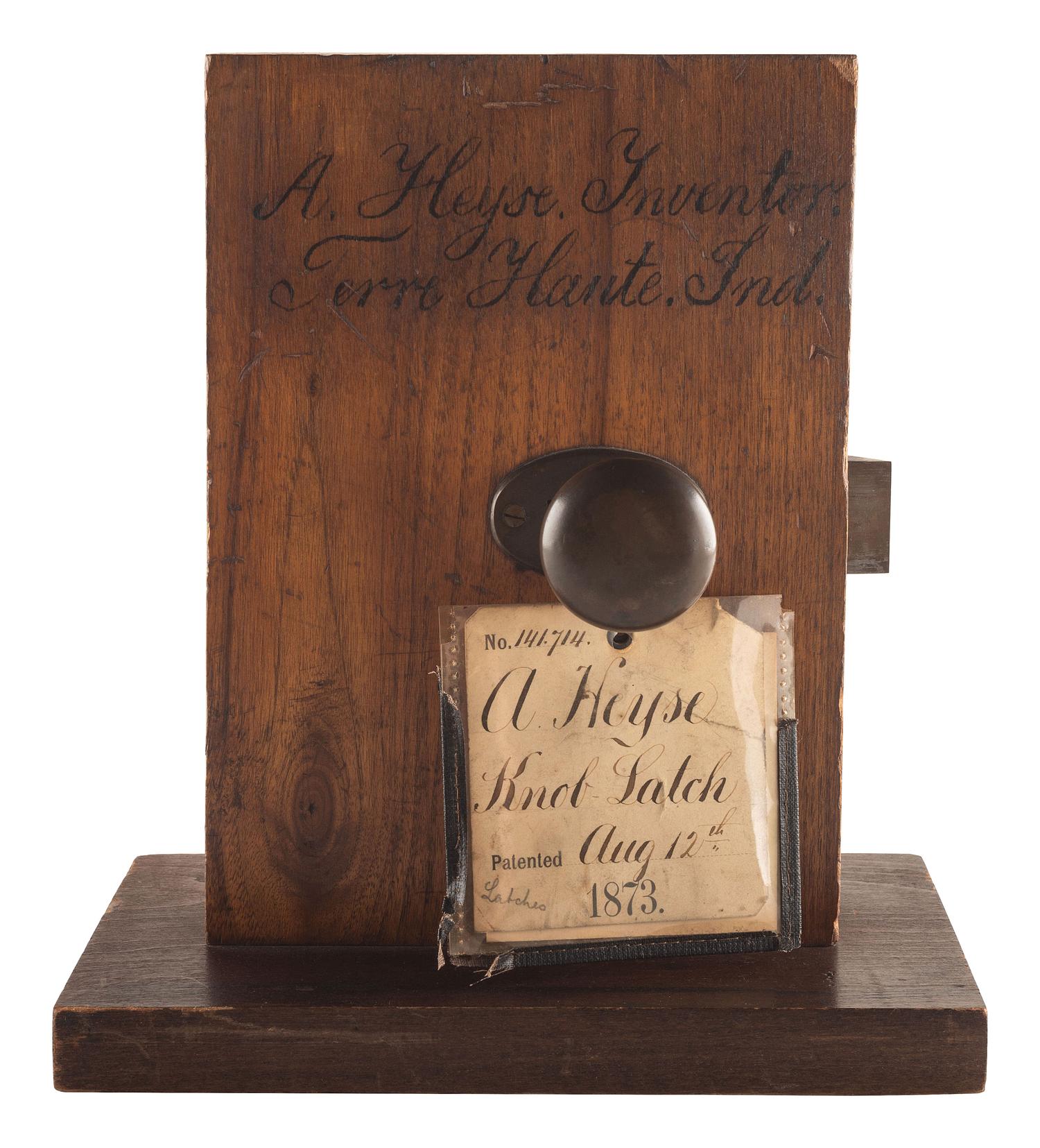 [SCIENCE & TECHNOLOGY]. A. Heyse patent model for a "Knob-Latch" with original tags. [Terre Haute, IN], 1873.