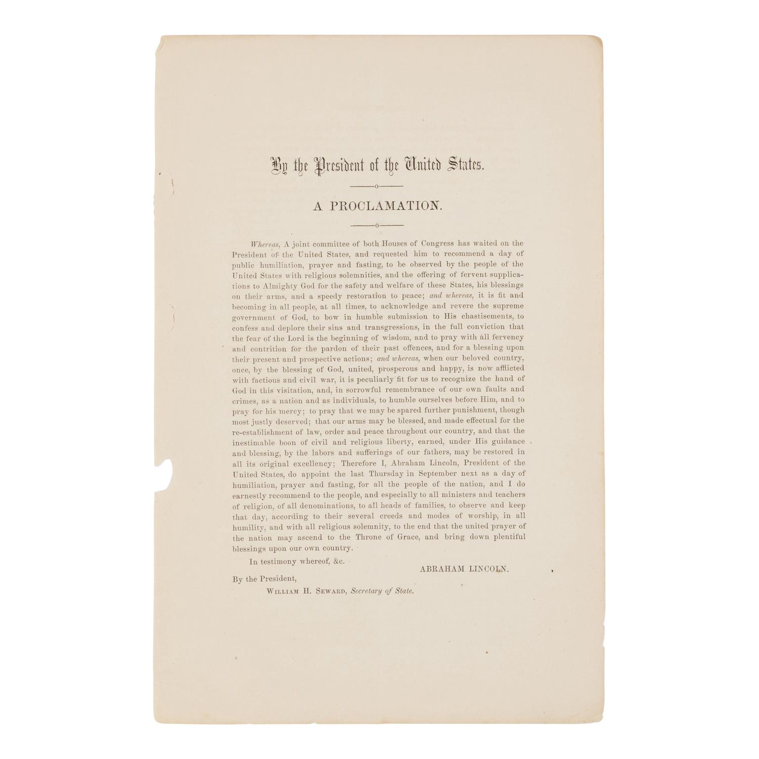 [LINCOLN, Abraham (1809-1865)]. A group of 3 Thanksgiving proclamations, comprising: