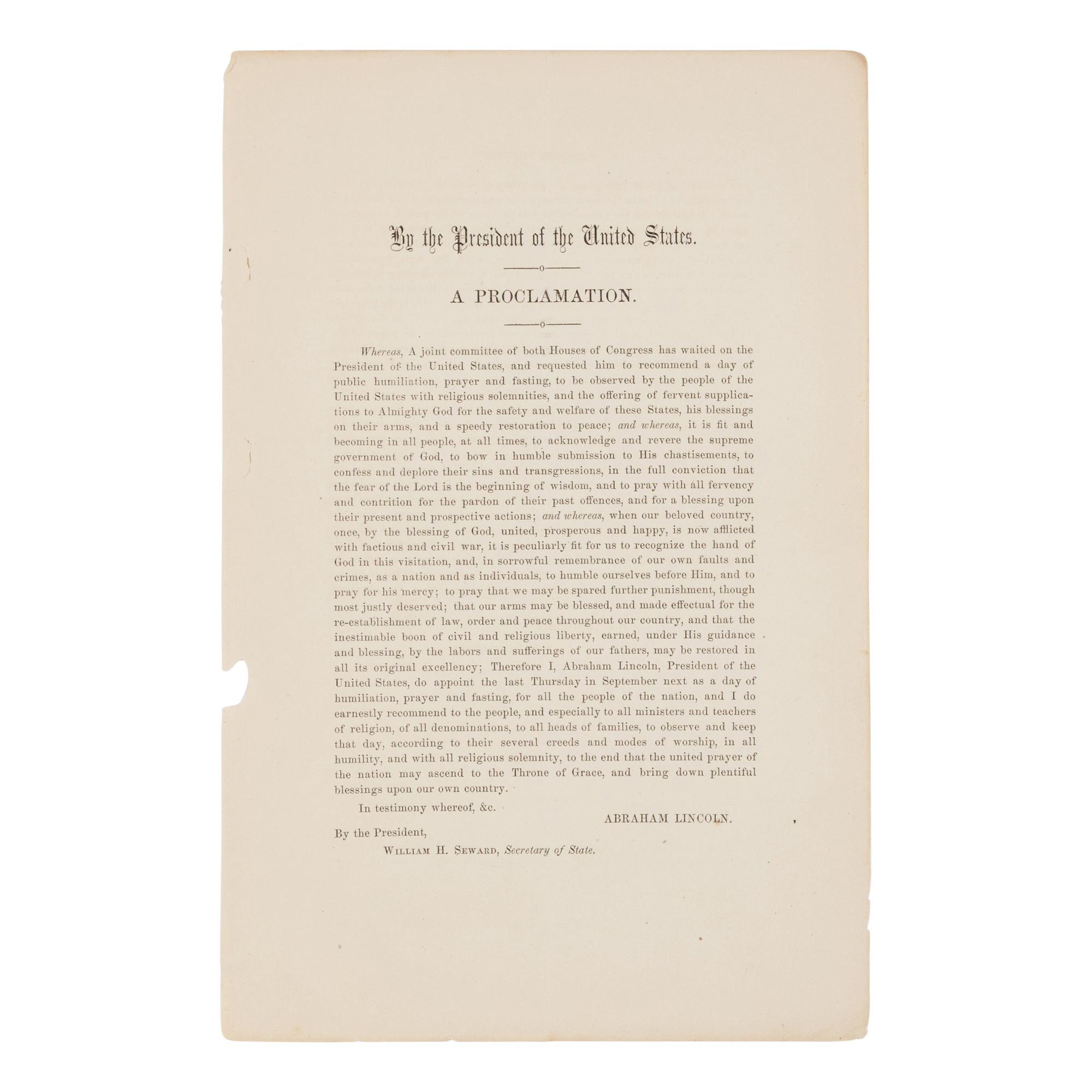 [LINCOLN, Abraham (1809-1865)]. A group of 3 Thanksgiving proclamations, comprising: