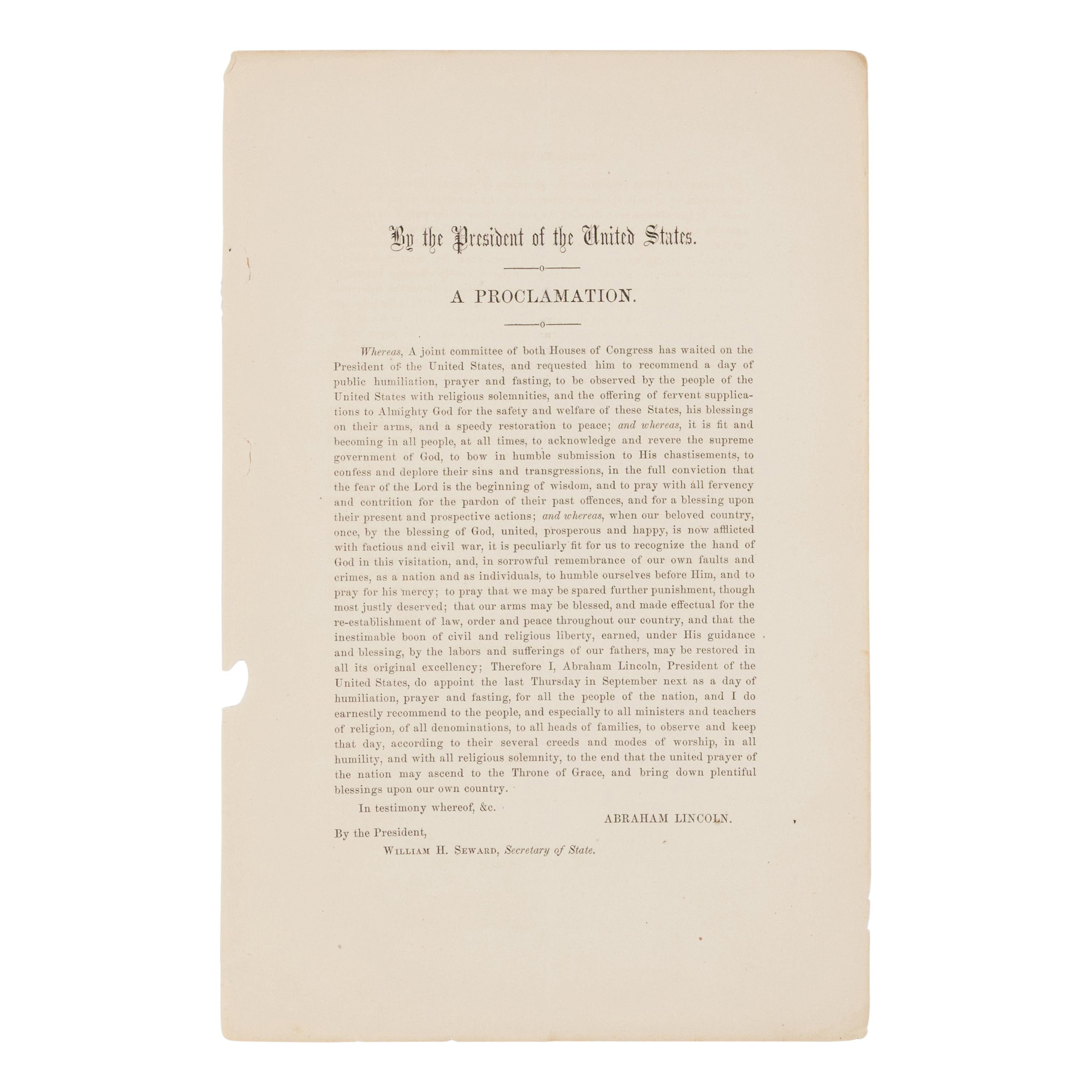 [LINCOLN, Abraham (1809-1865)]. A group of 3 Thanksgiving proclamations, comprising: